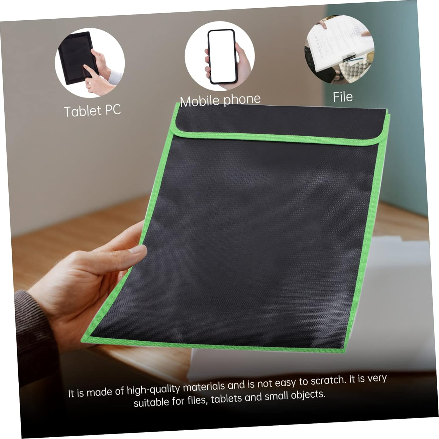 Jojofuny Fireproof File Bag 37.5X28.5Cm Waterproof Document Holder Portable Fireproof File Pouch Black Green Trim Suitable for Document Storage image number 6