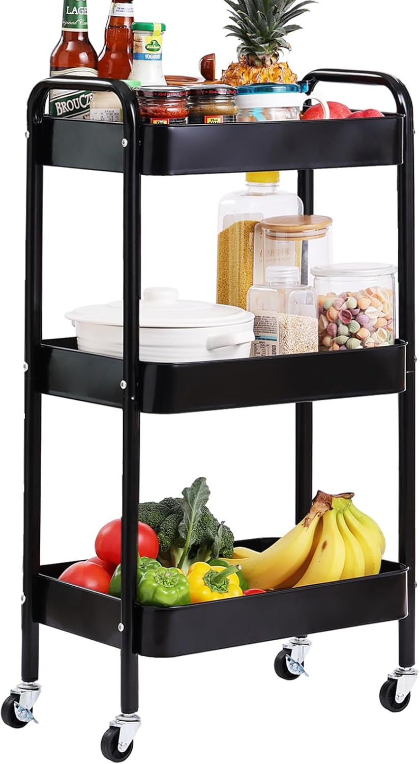 Tiita 3 Tier Rolling Utility Cart, Metal Storage Utility Organizer Cart with Wheels, Slim Rolling Cart Organizer for Kitchen, Bathroom, Office, Pink