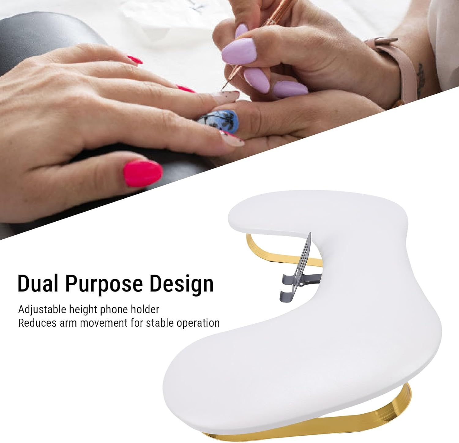 Depisuta Nail Arm Rest, Dual Purpose Arm Rest, Ergonomic Hand Support with Adjustable Phone Stand for Nail Tech, Curved Cushion Non Slip Base Wipe Clean PU Leather for Salon (White)