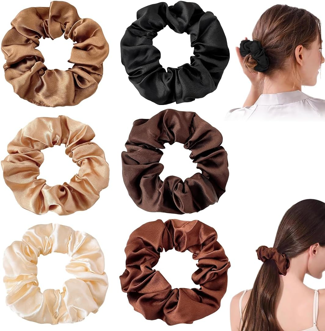 Pack of 6 Satin Hair Scrunchies for Women, Premium Velvet Hair Bobbles, Plain Elastic Thick Bands, Hair Scrunchies Soft Elastic Silk Skrunschis Large image number 3