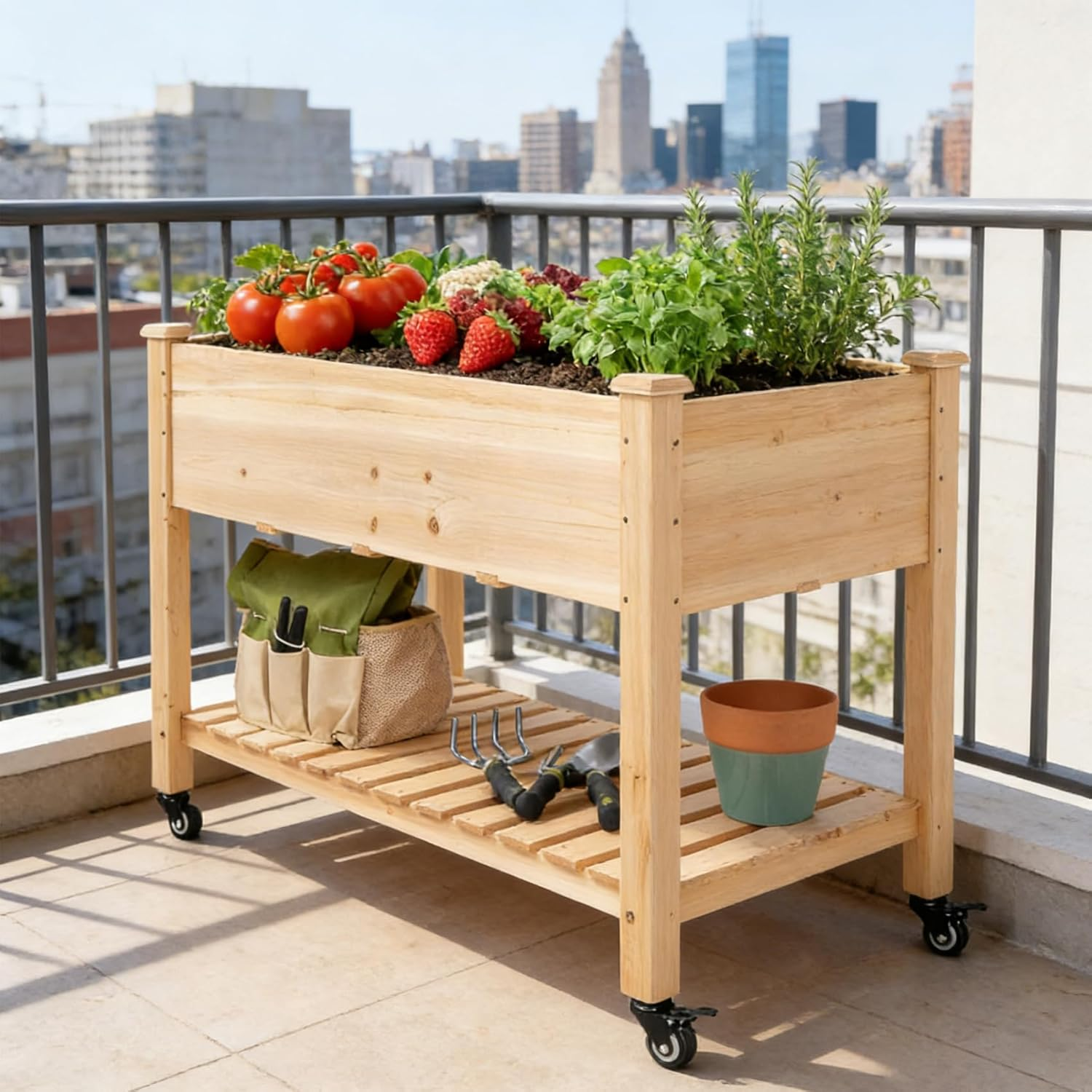 Mobile Elevated Wood Planter Box with Wheels,Raised Garden Bed for Outdoor Patio, Deck, Balcony, Backyard, 120 * 59 * 80CM image number 6