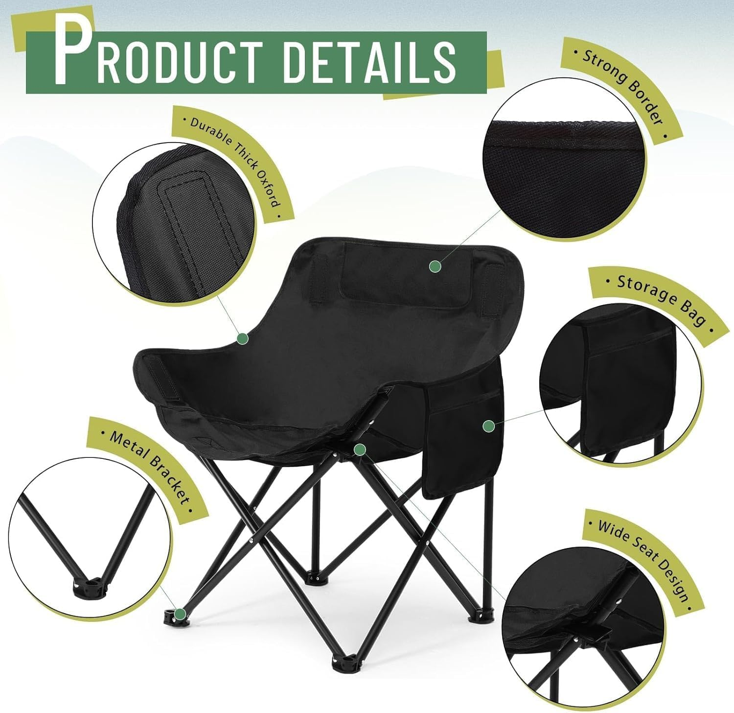 Camping Chair, Portable Folding Outdoor Chairs for Adult with Carry Bag and Side Pockets, Lightweight Folding Moon round Chair and Lawn Chairs for outside Fishing, Hiking, BBQ, Travel, Beach (Black) image number 2