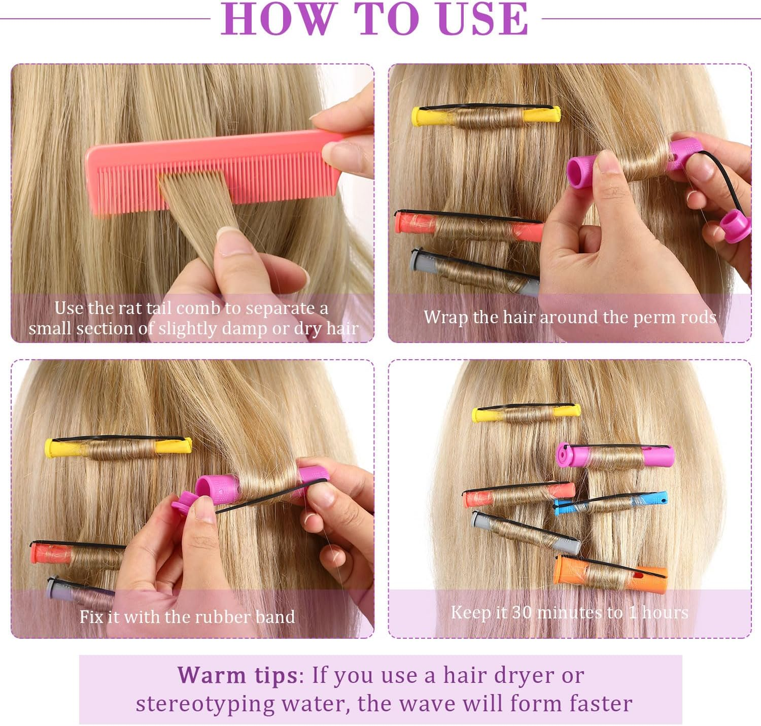 WILLBOND 72 Pcs Hair Perm Rods Kit Short Plastic Perming Rods Set Cold Wave Rods 6 Sizes Hair Curling Rollers Hairdressing Tools with Steel Tail Pintail Comb for Hair Styling (6 Colors, 3.27 In) image number 2