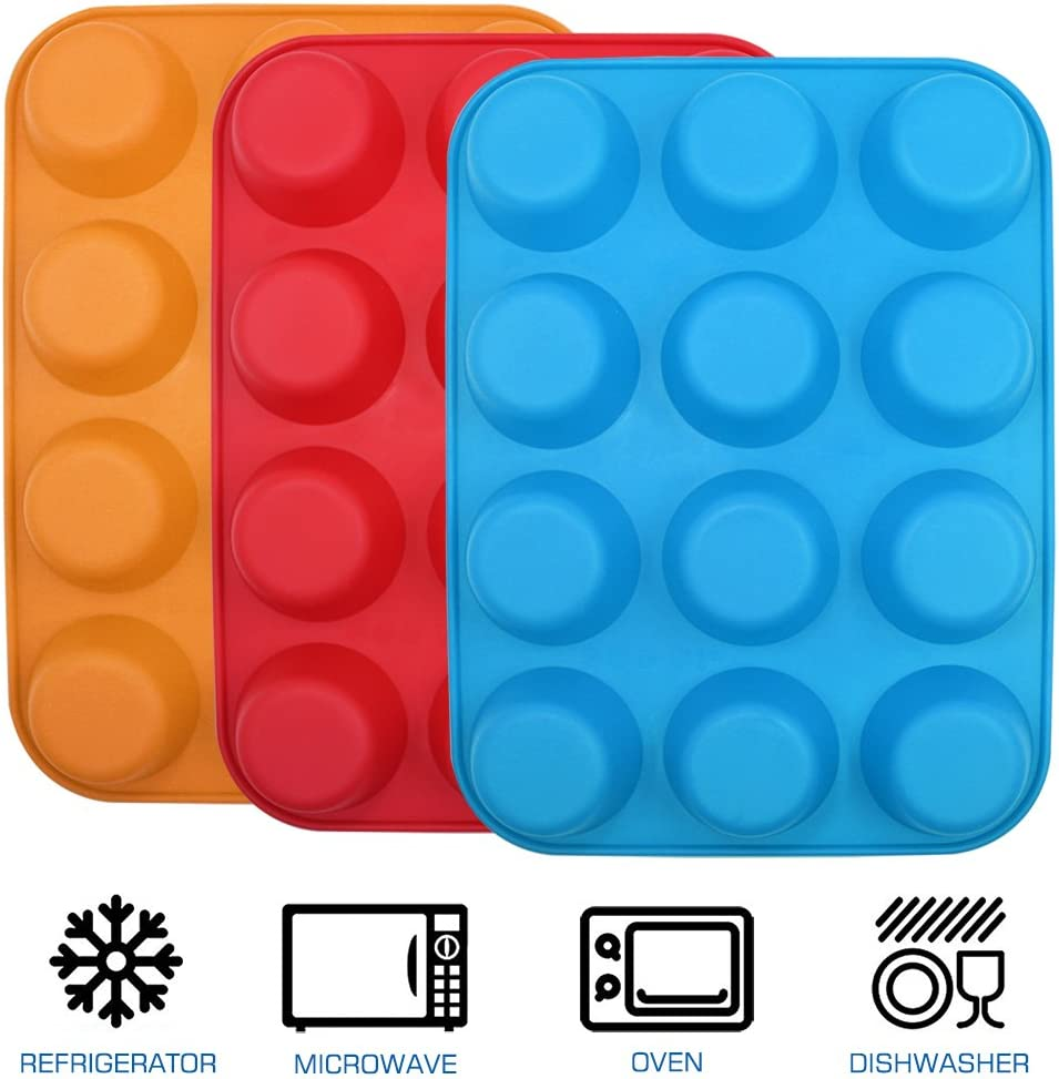 12 Cups Silicone Muffin Pan, Cupcake Pan, Yucool 3 Pack Silicone Molds for Muffin Tins, Cakes Microwave Oven Safe (Orange, Red, Blue) image number 4