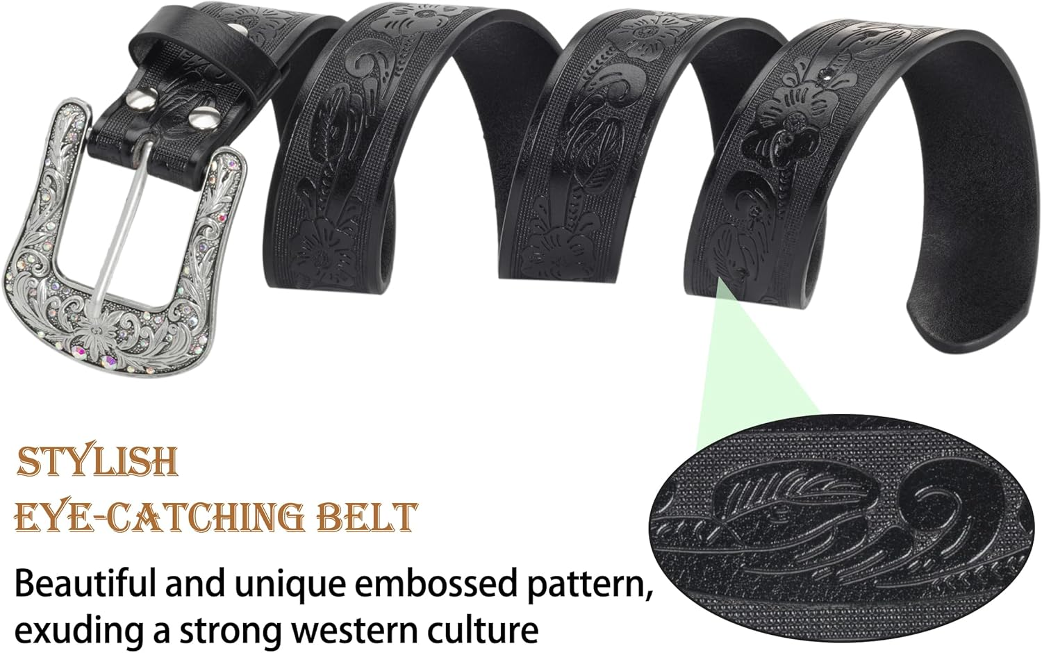 Women Vintage Western Cowboy Belts - Pu-Leather Western Engraved Bling Belt Buckle Cowgirl Waist Belt for Jeans Pants Dresses image number 6