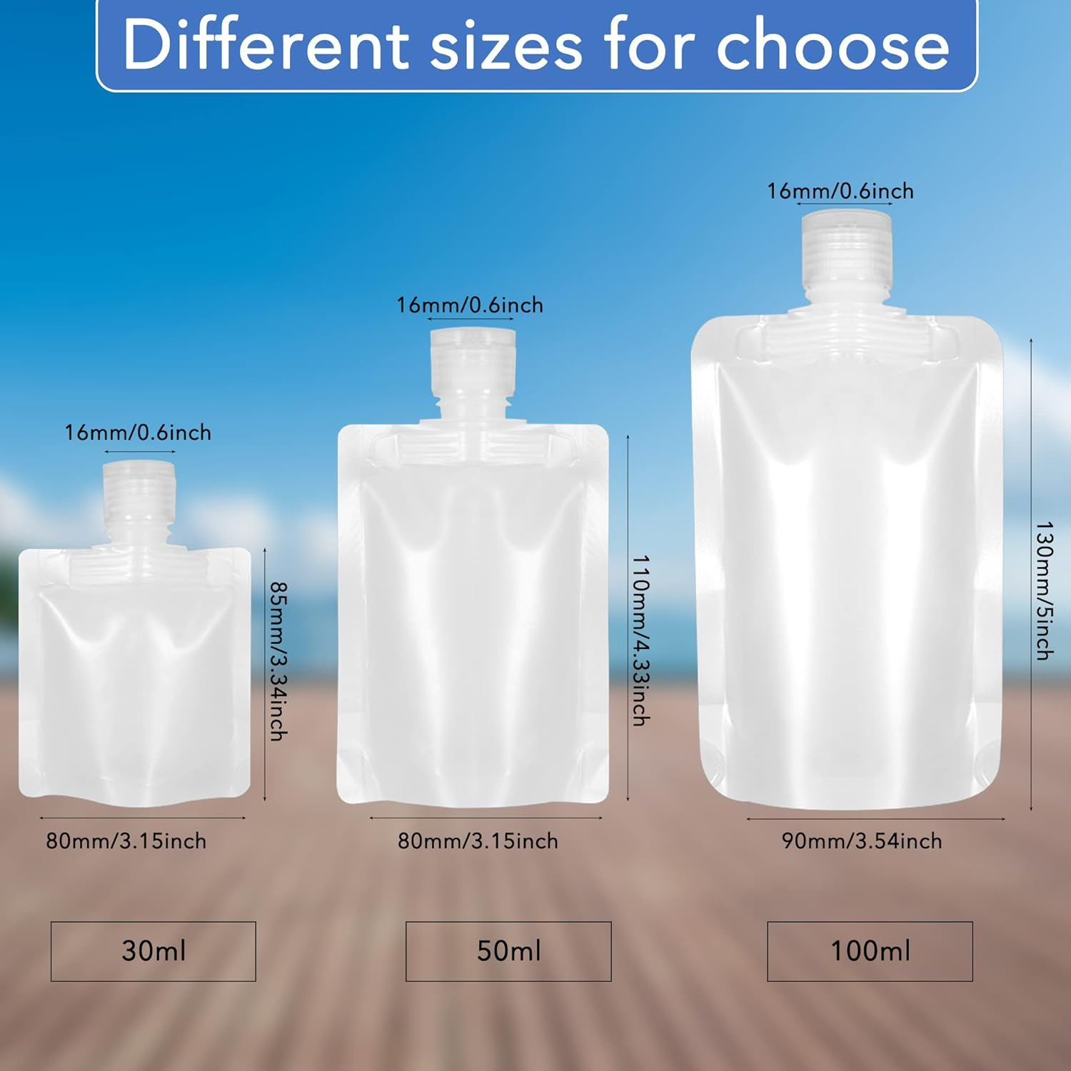 HQLESHUI 3 Sizes 30Ml/50Ml/100Ml Travel Size Refillable Empty Squeeze Pouch, Stand up Pouch for Toiletry, Lotion Shampoo Shower Gel Squeezable Bags, Leakproof Cosmetic Containers, Pack of 18, Pack of 18