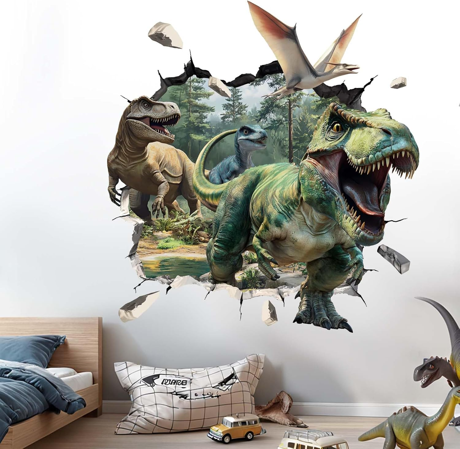 3D Dinosaur Wall Stickers - Tropical Palm Tree Leaf Dino Wall Decals - Nursery Kids Baby Boys Room Daycare Playroom Classroom Wall Decor image number 1