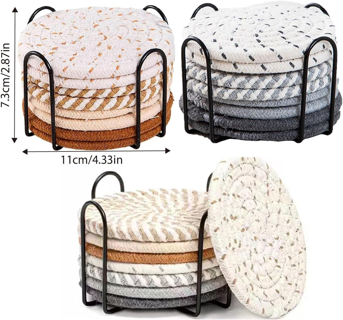 AIMALL 8PCS Nordic Cotton Rope Coasters, round Woven Insulation Mats, Thick Heat-Resistant Placemats for Kitchen and Dining, 3 Styles, 7.3 Inches - Mixed image number 4