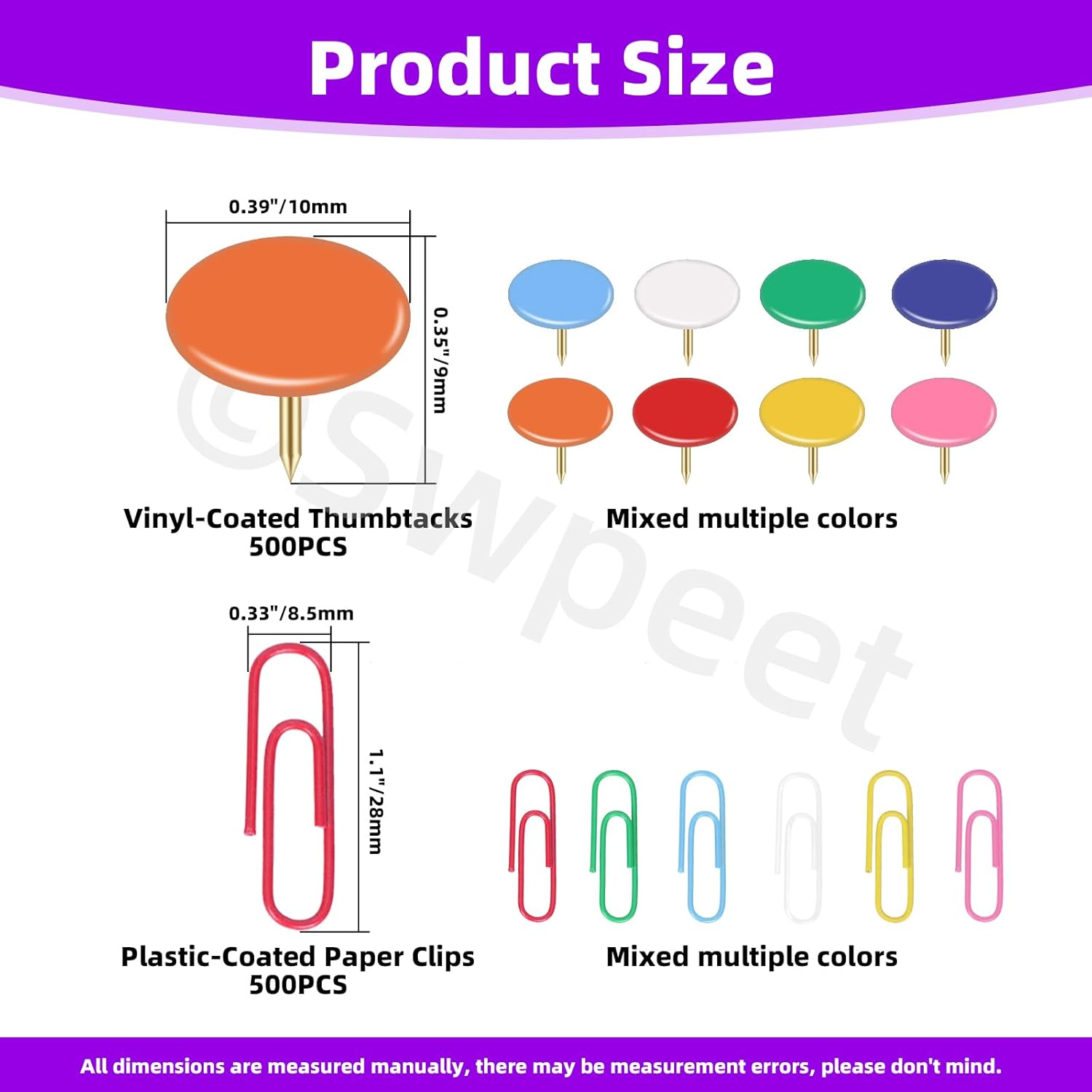 Swpeet 1000Pcs Coloured Vinyl-Coated Flat Thumb Tacks with Paper Clips Assortment Kit, round Head Push Pins Colored Paper Clips for Office School Home