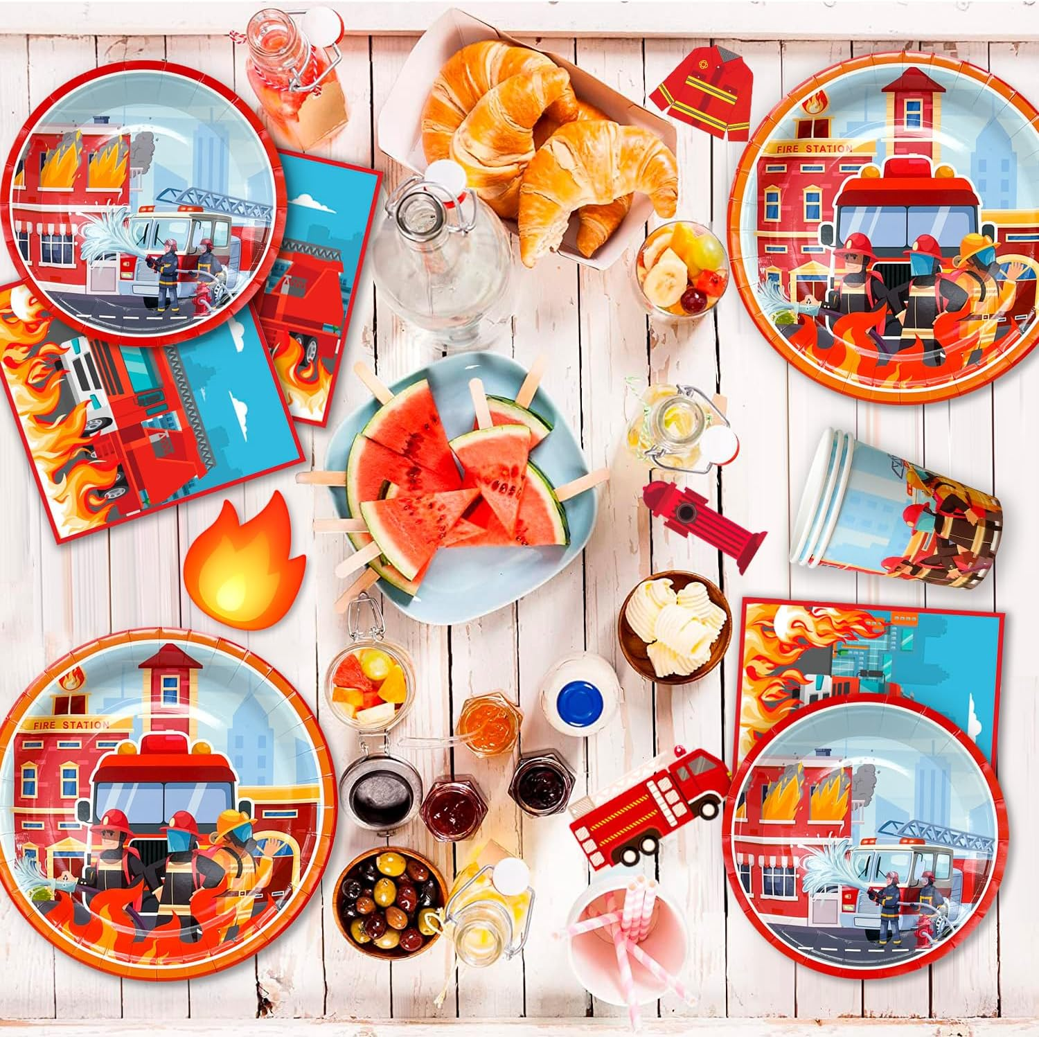 Fire Truck Birthday Party Supplies, Firetruck Birthday Decorations Tableware Set Fire Truck Party Plates Cups Napkins Firefighter Themed Balloon Backdrop Etc Fire Truck Party Supplies image number 4