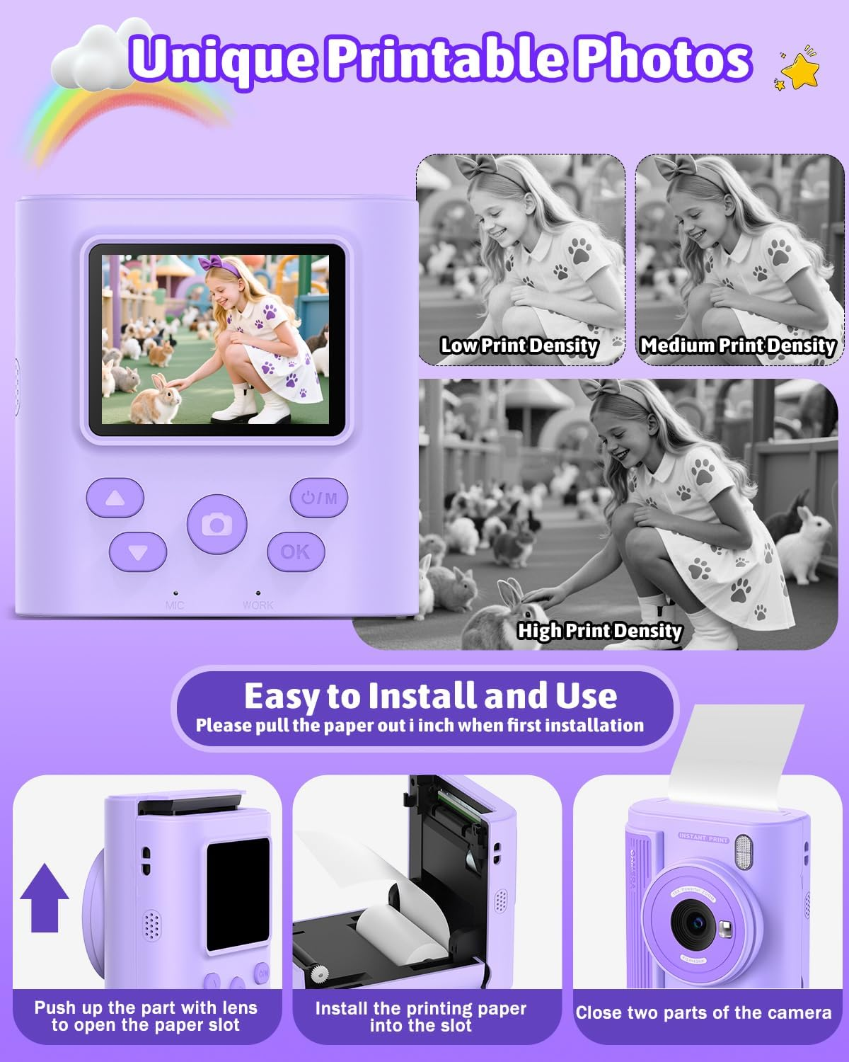 Mgaolo Kids Camera with Instant Print, Thermal Printing Digital Camera Toy for 3-12 Years Old Children, Safe Ink-Free Design, Present for Creativity & Learning (Purple) - Black image number 5