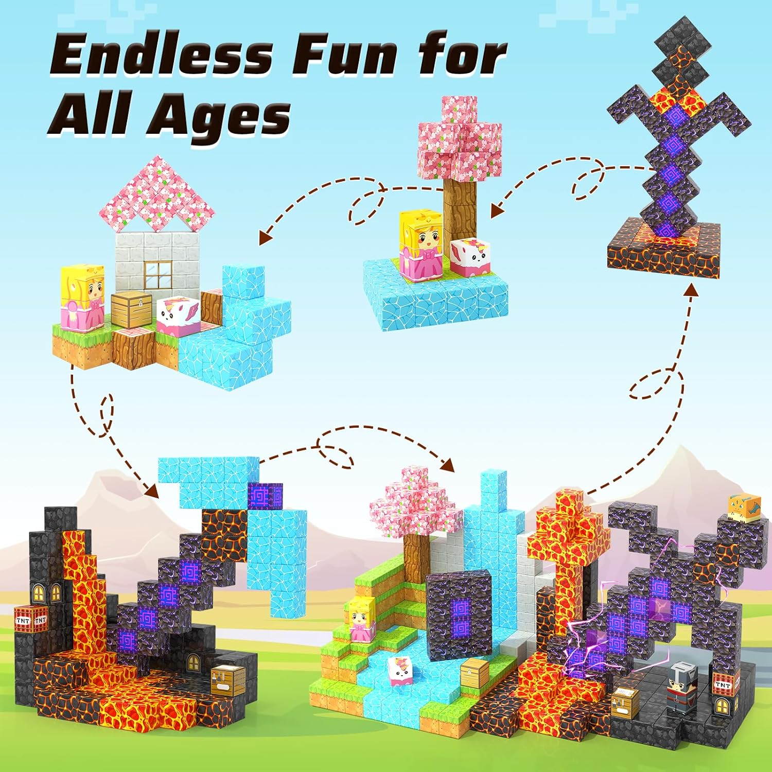 110PCS Magnetic Blocks - Build Mine Magnet World Magic Sword Portal Set, Magnet Kids Toys for Boys & Girls Age 3-5 4-8 5-7, STEM Magnetic Tiles Building Games Sensory Outdoor Toddler Toys image number 3