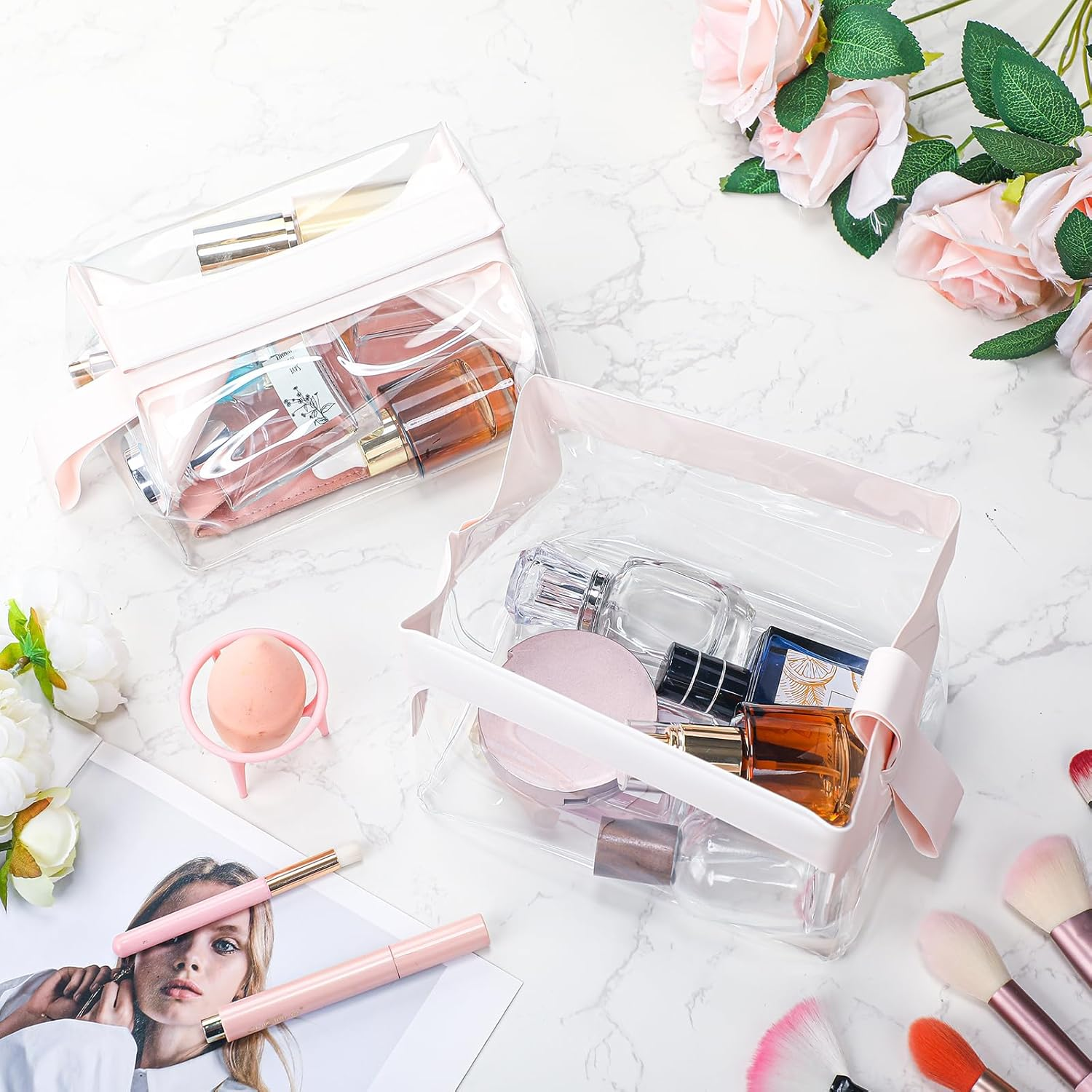 Siltriangle 2 Pcs Clear Travel Toiletry Bags with Magnetic Closure TSA Approved Magnetic Travel Containers Clear Makeup Bag Cosmetic Pouch for Women Men Traveling(Light Pink) image number 4