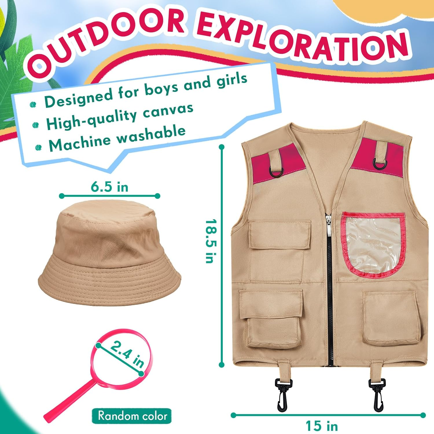 Ramede Kids Explorer Vest and Hat Costume Safari Cargo Vest Outdoor Adventure Camping Vest for Kids Boy Girls Outfit image number 4