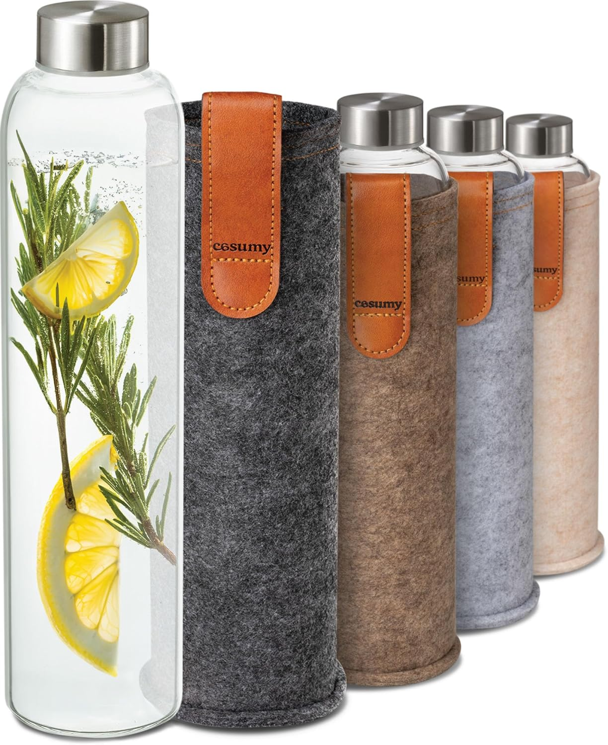 Cosumy Glass Water Bottle with Felt Bag, 750 Ml, Dishwasher Safe, Leak-Proof, Bpa-Free, Suitable for Carbonated Drinks, Beige