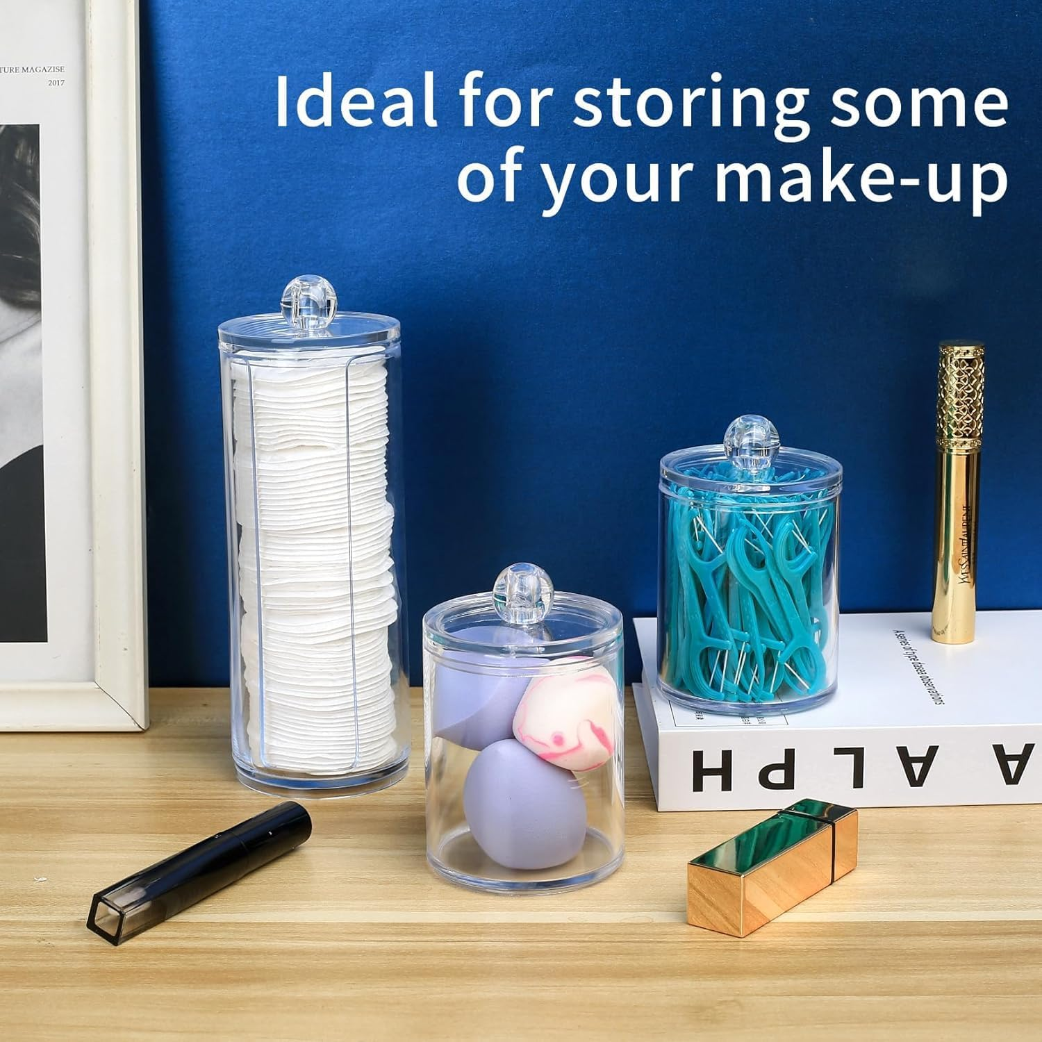 HUIRUMM 3 Pcs Cotton Pad Holder, Bathroom Cotton Wool Bud Holder,Swab Dispenser, round Pads,Clear Plastic Apothecary Jar Set Bathroom Canister Storage Organization, Vanity Makeup Organizer image number 2