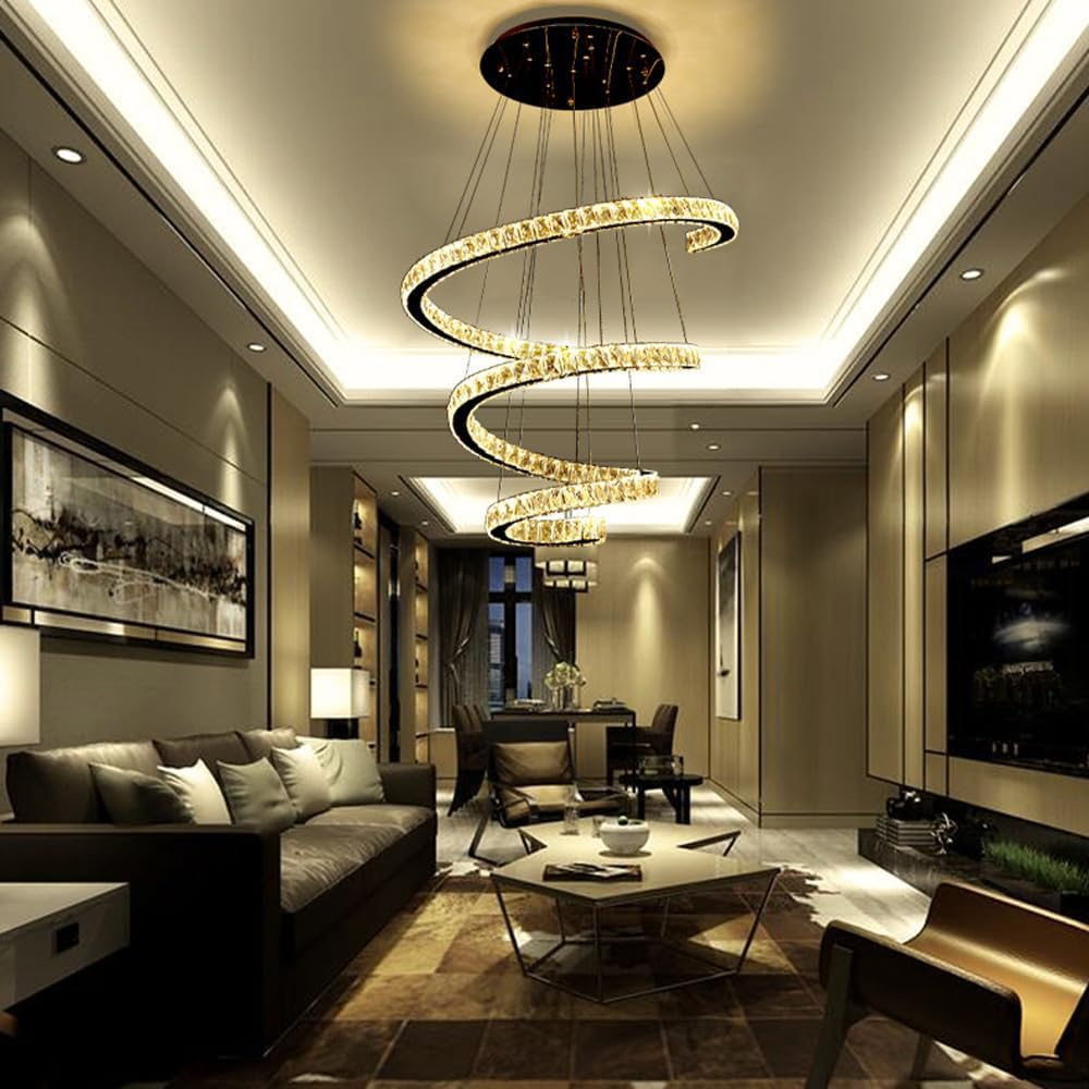 Crystal Chandelier - Large LED Pendant Light for High Ceilings, Adjustable Foyer Lighting Fixture for Staircase, Entryway, Living Room, Dining Room, Kitchen, Bedroom WFJ image number 3
