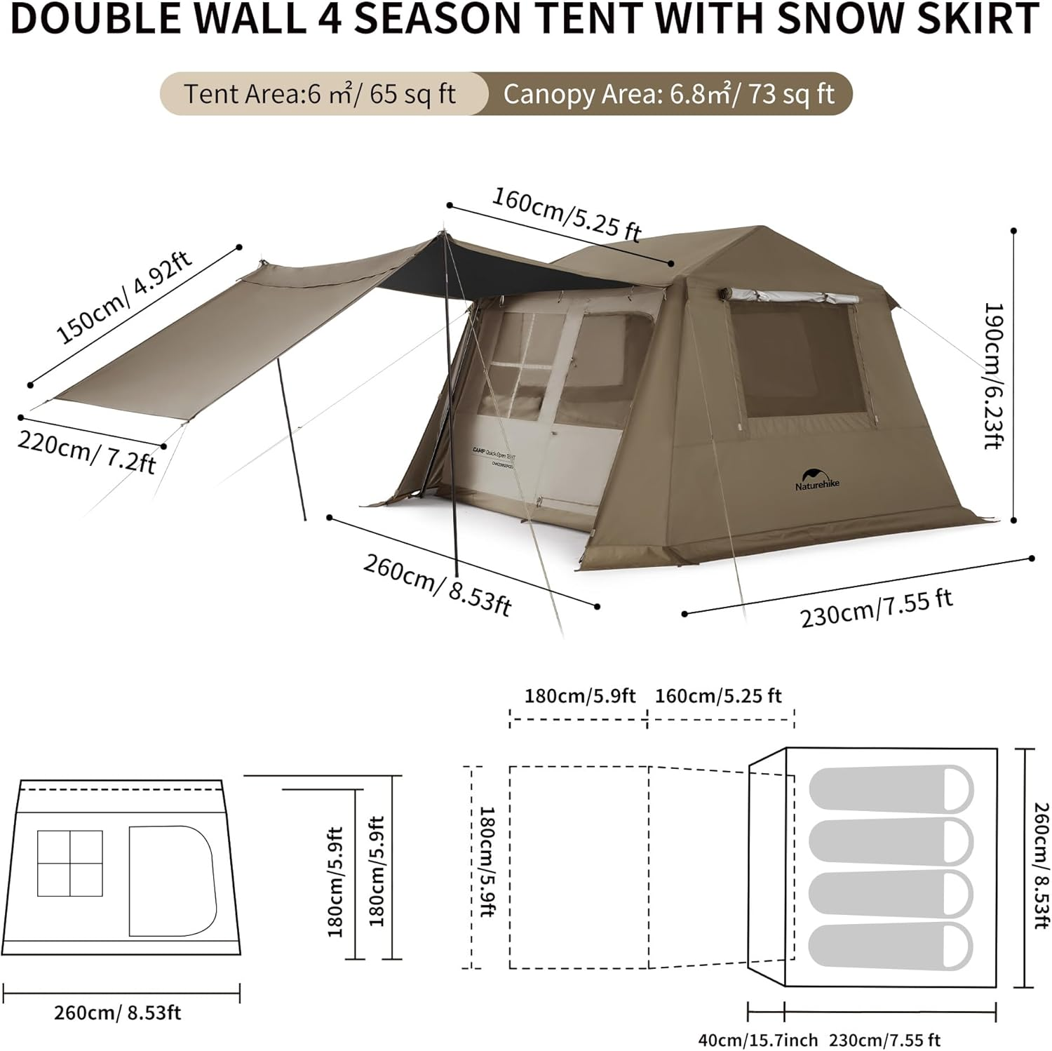 Naturehike Village Series Tent, Instant Pop up Family Tent, Upgraded Spacious Portable One-Piece Bracket Tent for 4-8Pinstant Easy Set up Camping Tent image number 5