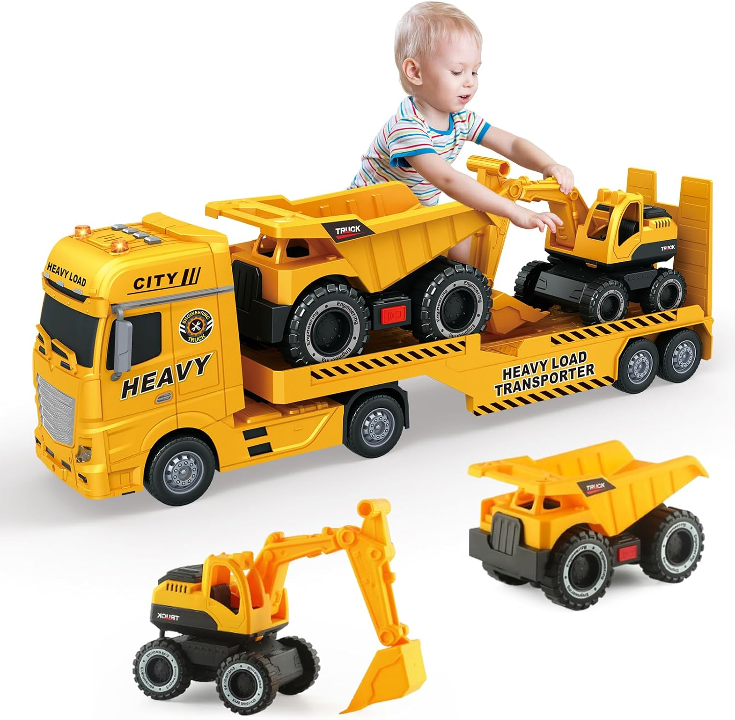 Yiwsnust Large Flatbed Semi Truck Toy for Kids, 25.6'' Construction Carrier Semi Truck with Excavator and Dump Trucks, Friction Powered Flatbed Semi Truck Kids Toy with Light & Sound image number 4
