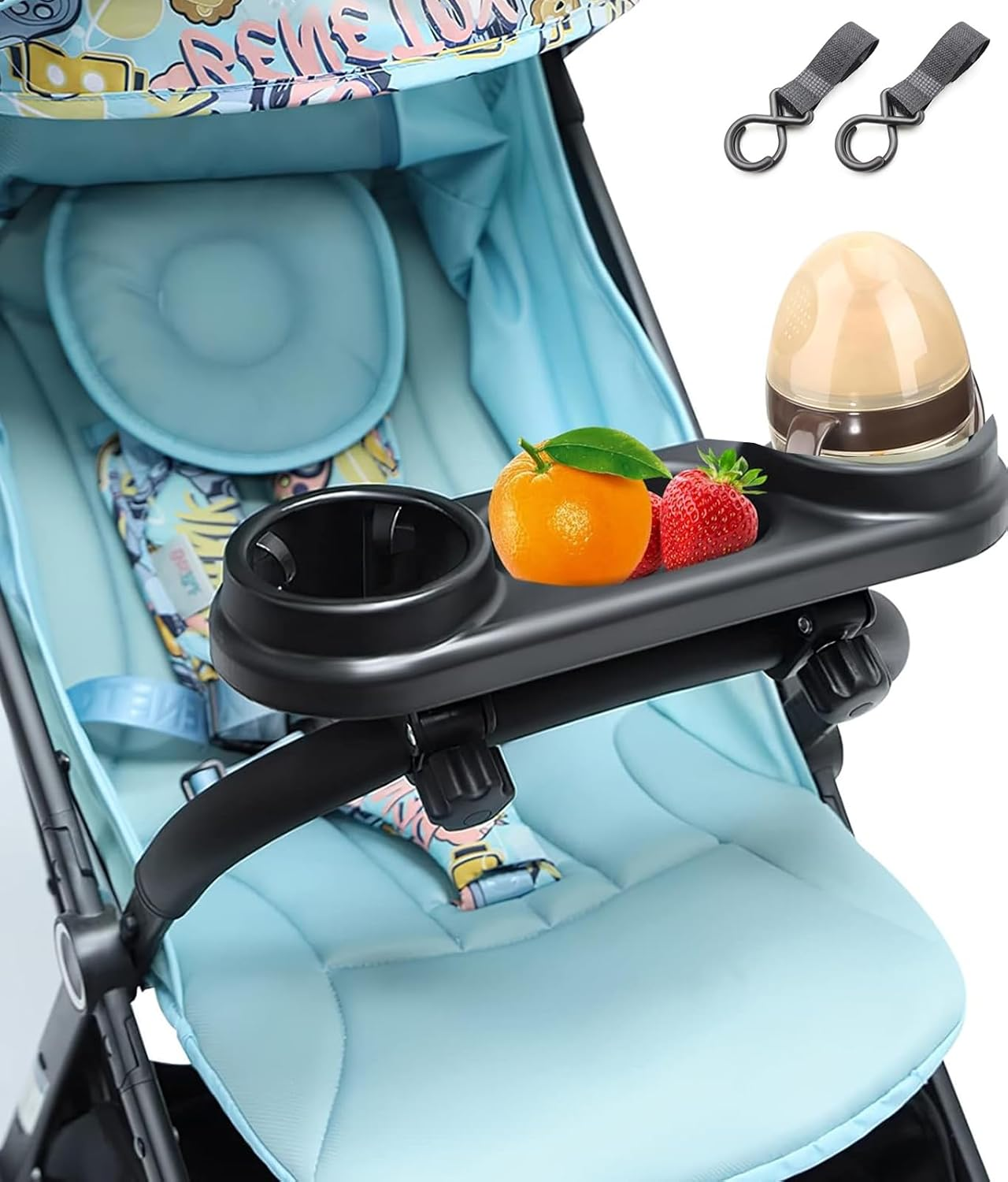 Universal Stroller Snack & Drink Tray, Cup Holder Attachment with Water Bottle Compartment, All - in - One Stroller Accessory for Snacks image number 5