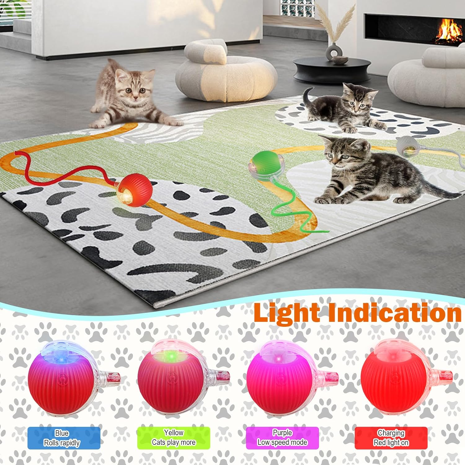 SZMDLX Interactive Rolling Cat Dog Ball with 3 Modes, 3 Colors Replacement Covers & Ropes, USB Rechargeable, Intelligent Automatic Moving Toys for Cats Dogs Pets image number 4