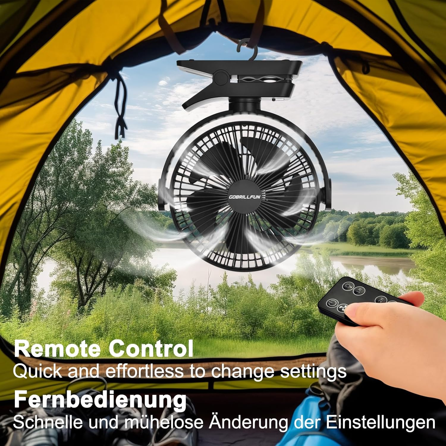 GOBRILLFUN 8.3 Inch 12000Mah Clip Fan with Remote Control, USB Rechargeable with LED Lights, 5 Speed Fan with Battery Operated for Office, Outdoor Travel, Camping, Tent image number 4
