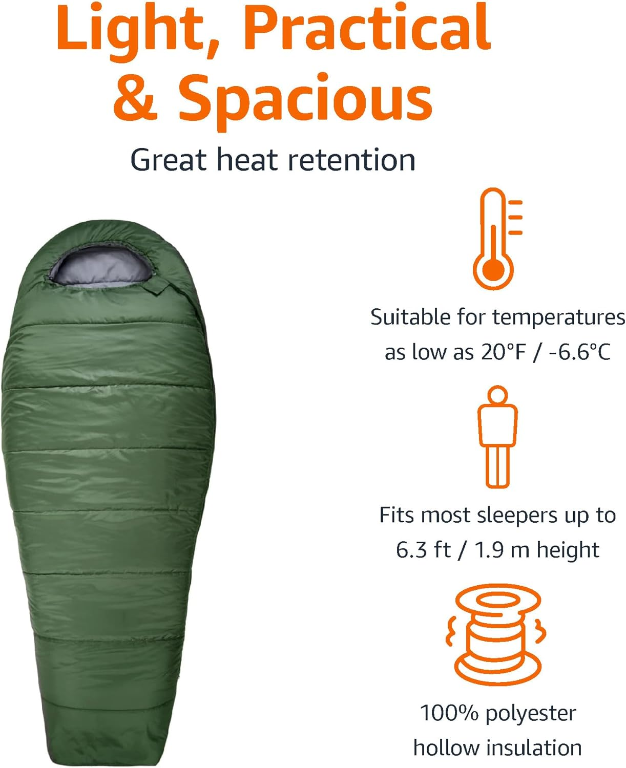 Amazon Basics 3-Season -7 Degree C Mummy Sleeping Bag for Camping and Hiking, Olive Green image number 6