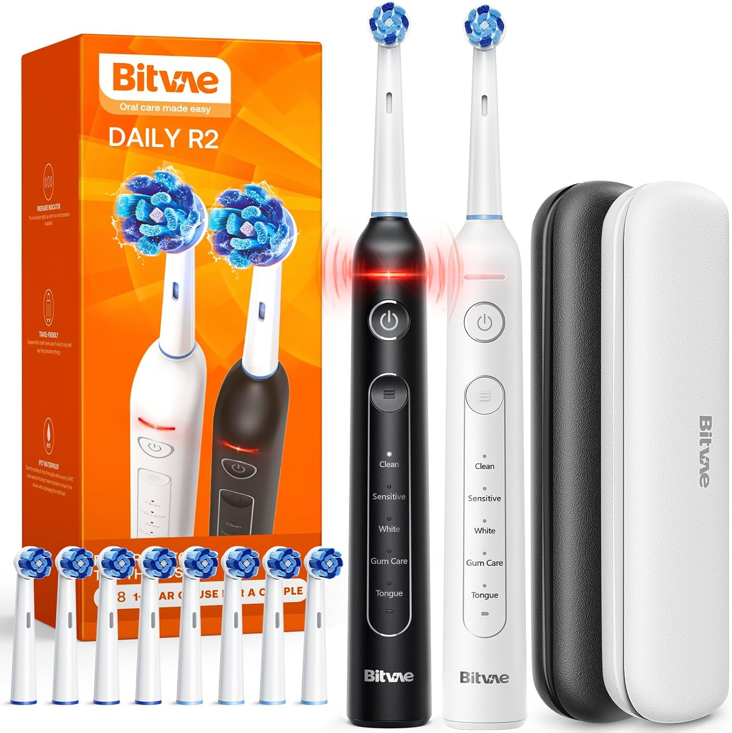 Bitvae R1 Rotating Electric Toothbrush for Adults and Kids, Rechargeable Electric Toothbrush with 60-Day Battery Life, 8 Brush Heads, 5 Modes, 2-Minute Smart Timer, Black