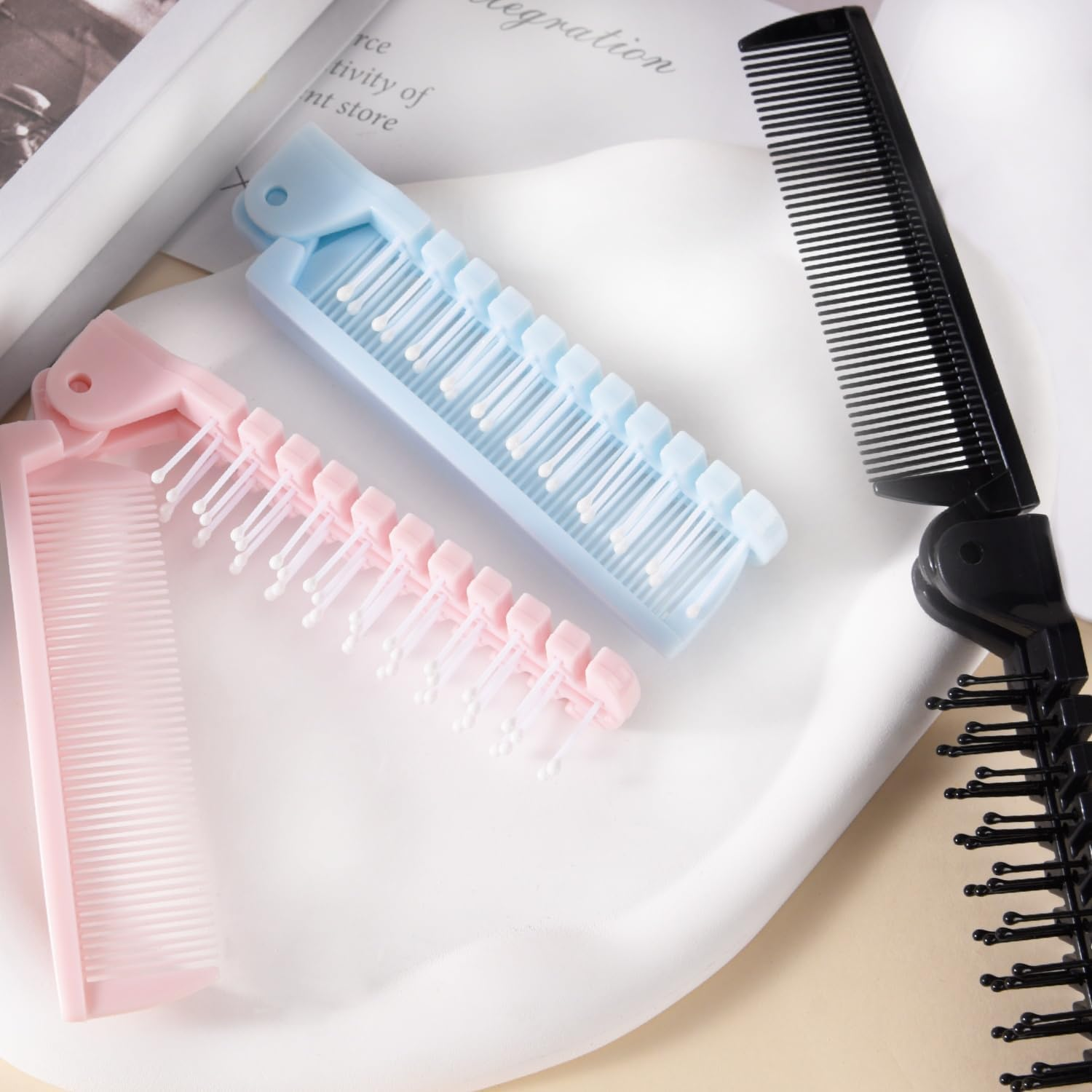 Pack of 3 Foldable Hair Brush and Comb, Plastic Portable Travel Hair Brush Bag, Hair Comb, Double Head Massage Hair Comb for Thick Thin Hair (Black, Blue, Pink) image number 5
