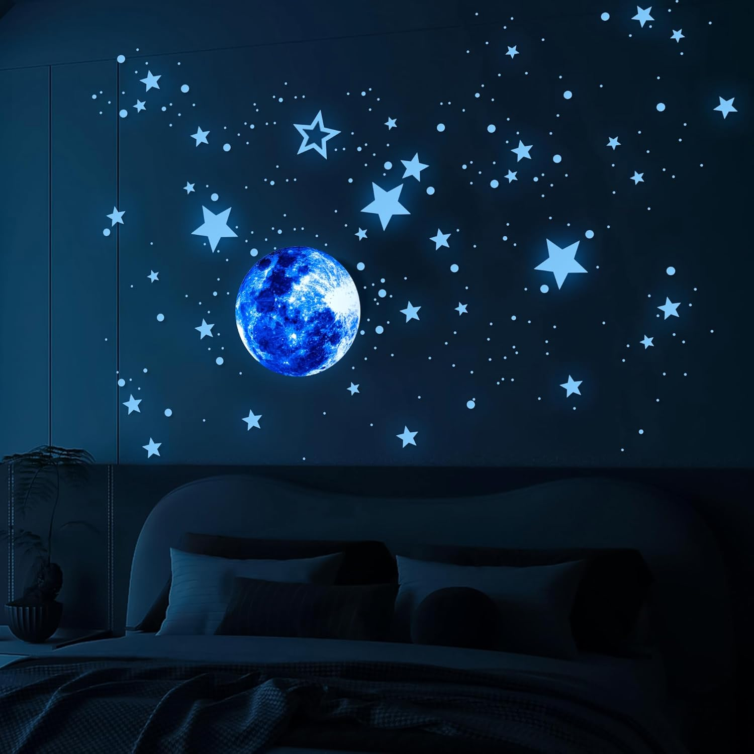 Glow in the Dark Stars for Ceiling, Moon Planet Star Stickers for Wall Decor, Glow in the Dark Star Stickers and Dots Wall Stickers Decor, Boys Room Decor and Nursery Decor, Blue(7.8In, 435Pcs)