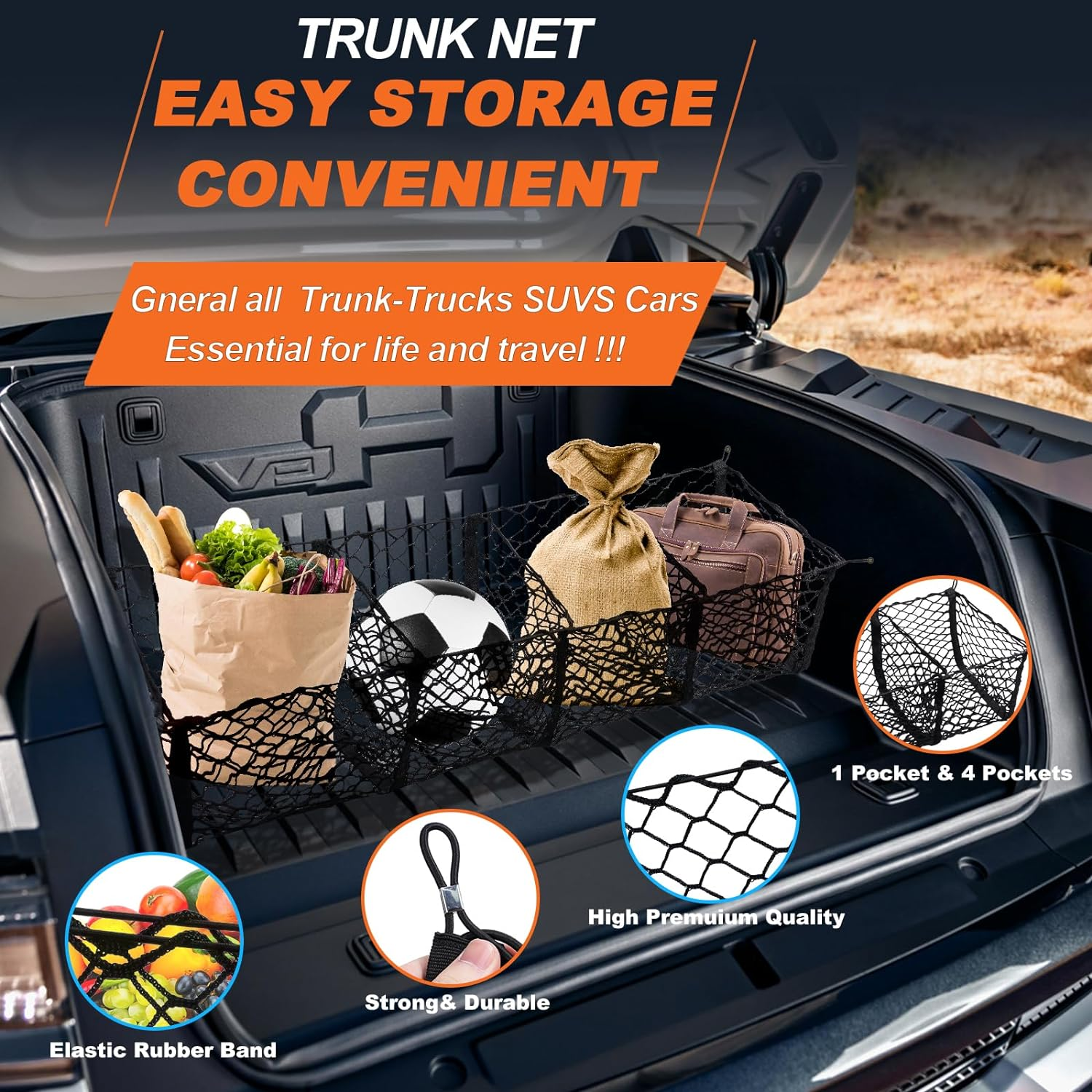 Holnunet Cargo Net for Pickup Truck Bed- 59" Adjustable Elastic Mesh Cargo Net, Car Rear Storage Organizer with 4 Carabiners Accessories, Heavy Duty Cargo Net for Pickup, Truck, SUV, M0003 image number 3