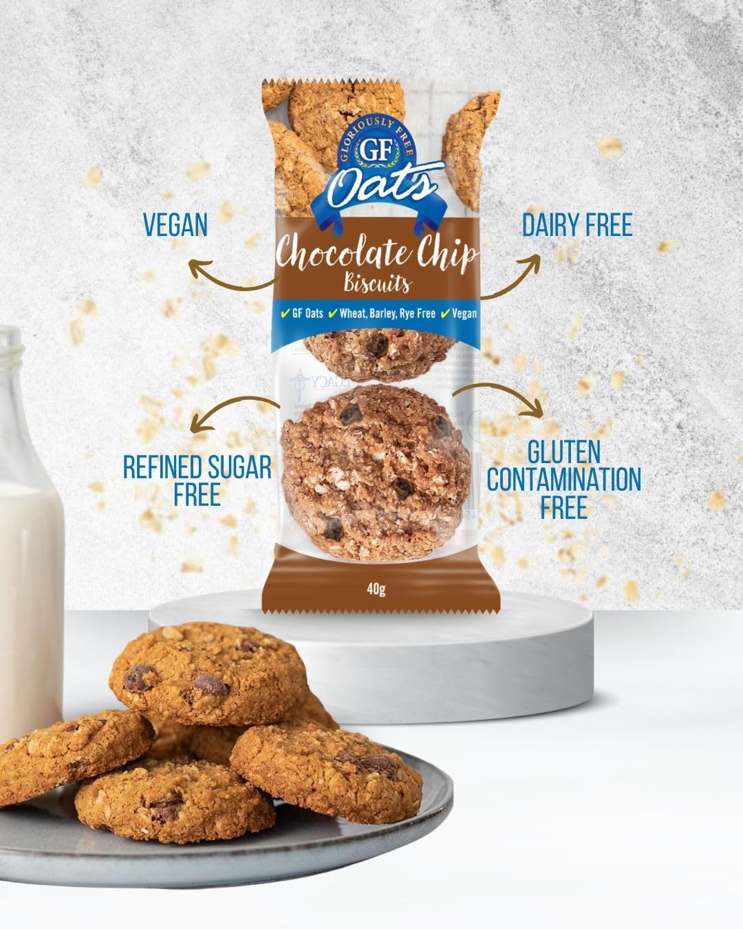 GF Oats Choc-Chip Biscuits | Nil Gluten Contamination | 25 X 40G Pack | Wheat Free, Rye Free, Barley Free, GMO Free, Vegan Biscuits for Gluten Free Diet. Free from Refined-Sugar, Dairy, Egg & Soy image number 2