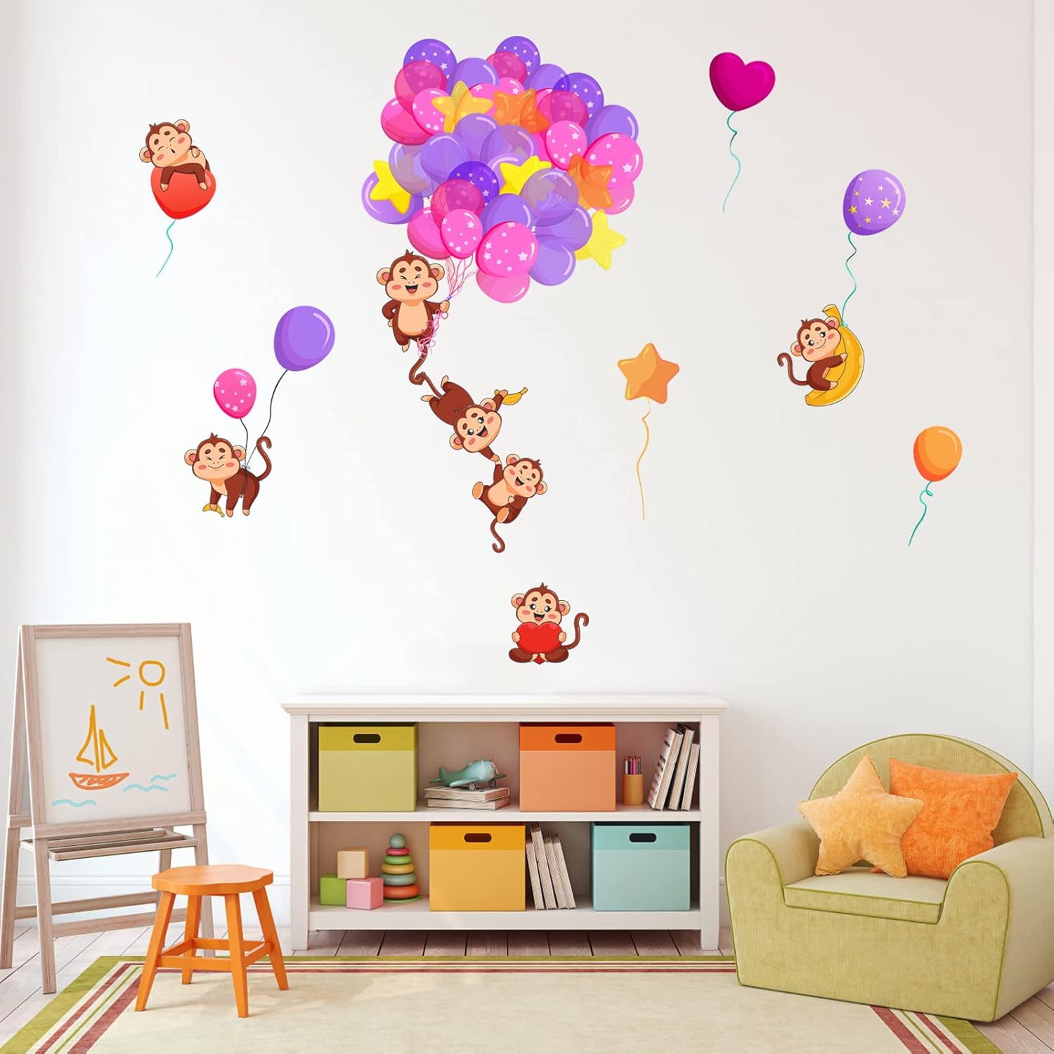 Anfigure Colorful Animal Monkey Balloon Wall Stickers for Kids Room Baby Room Wall Decals Nursery Playroom Children Bedroom Monkey Removable Wall Art Decor Mural Vinyl Peel and Stick Decorations