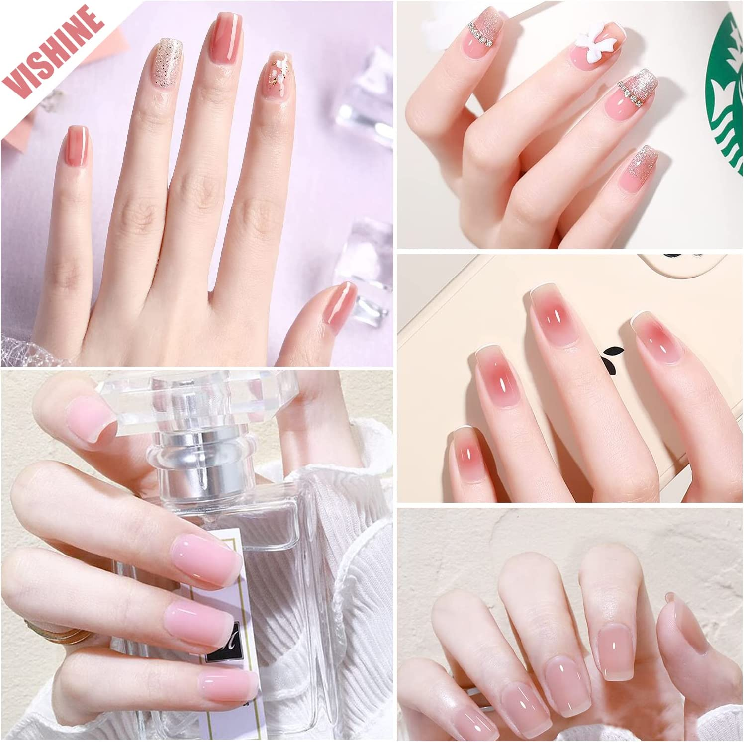 Vishine 12Pcs Sheer Pink Nude Jelly Gel Nail Polish Set Neutral Skin Tone Color Gel Kit Soak off UV LED Nail Polish Translucent Stone Varnish Nail Gel 8Ml image number 5