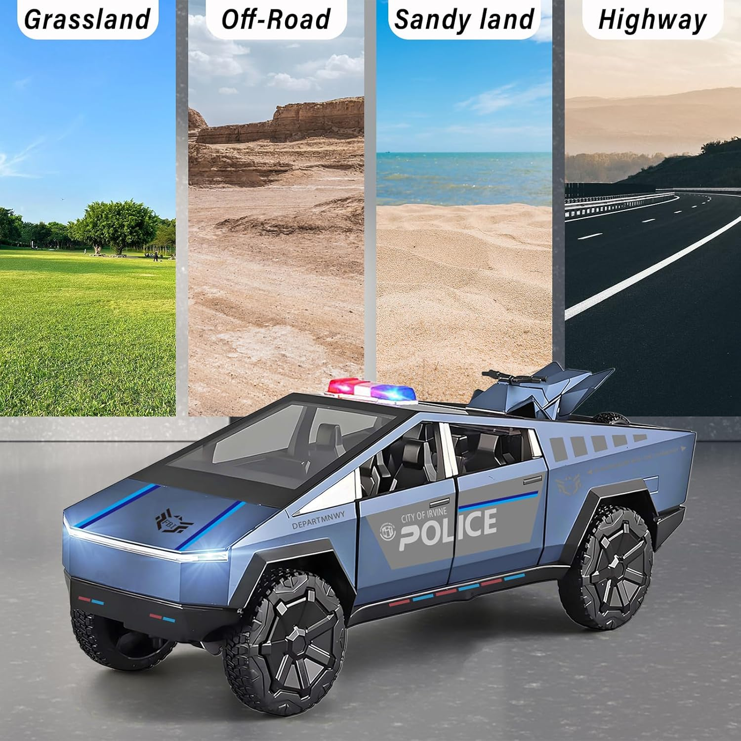 Cybertruck Toy Trucks Police Cars Cybertquad Alloy Die-Cast Truck 1/32 Toy Cars Race with Sound and Light (Purple) - Purple image number 2