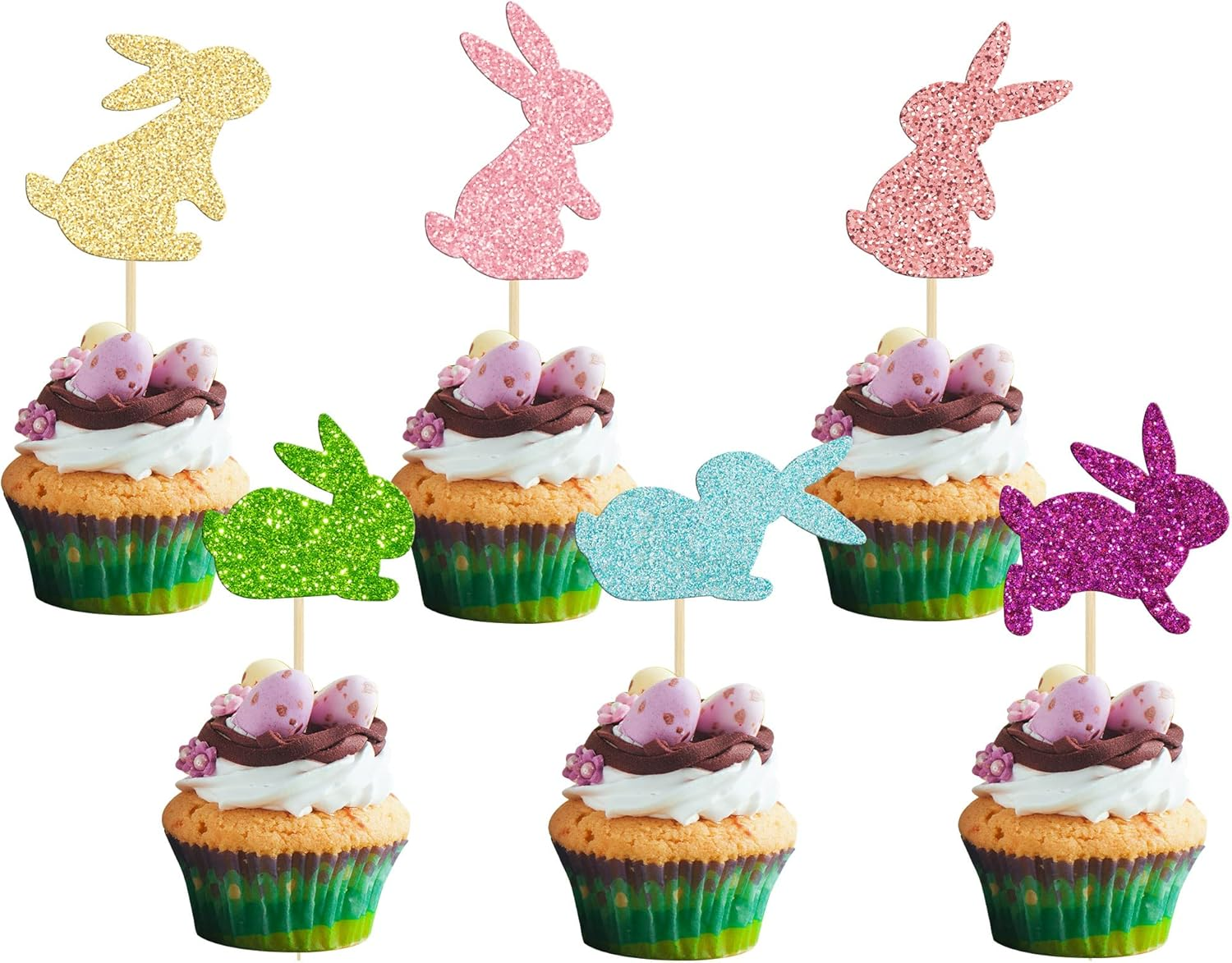 24Pcs Happy Easter Cupcake Toppers Glitter Cute Bunny Cake Decorations Bunny Rabbit Cupcake Picks for Easter Spring Theme Babyshower Kids Birthday Party Supplies - Blue 12 image number 3