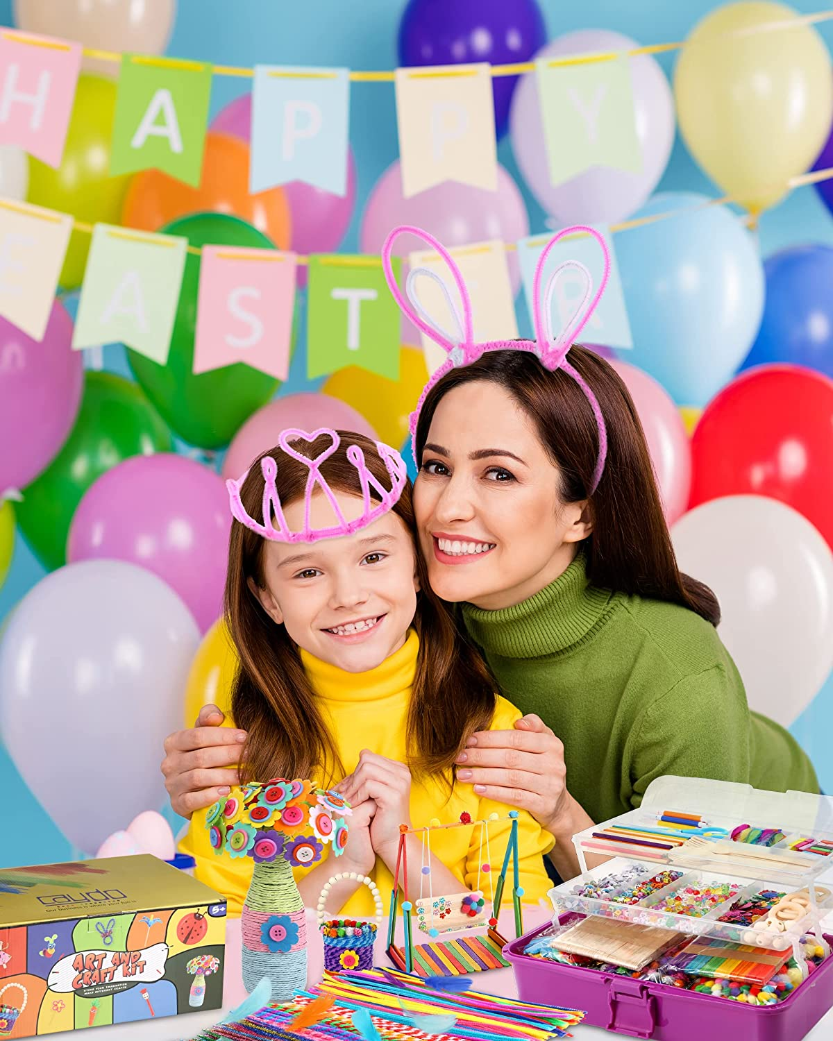 Caydo 3000 Pcs Kids Art and Crafts Supplies, Toddler DIY Craft Art Supplies Set Include Pipe Cleaners, Pom Poms, Portable 3 Layered Folding Storage Box for Kids image number 3