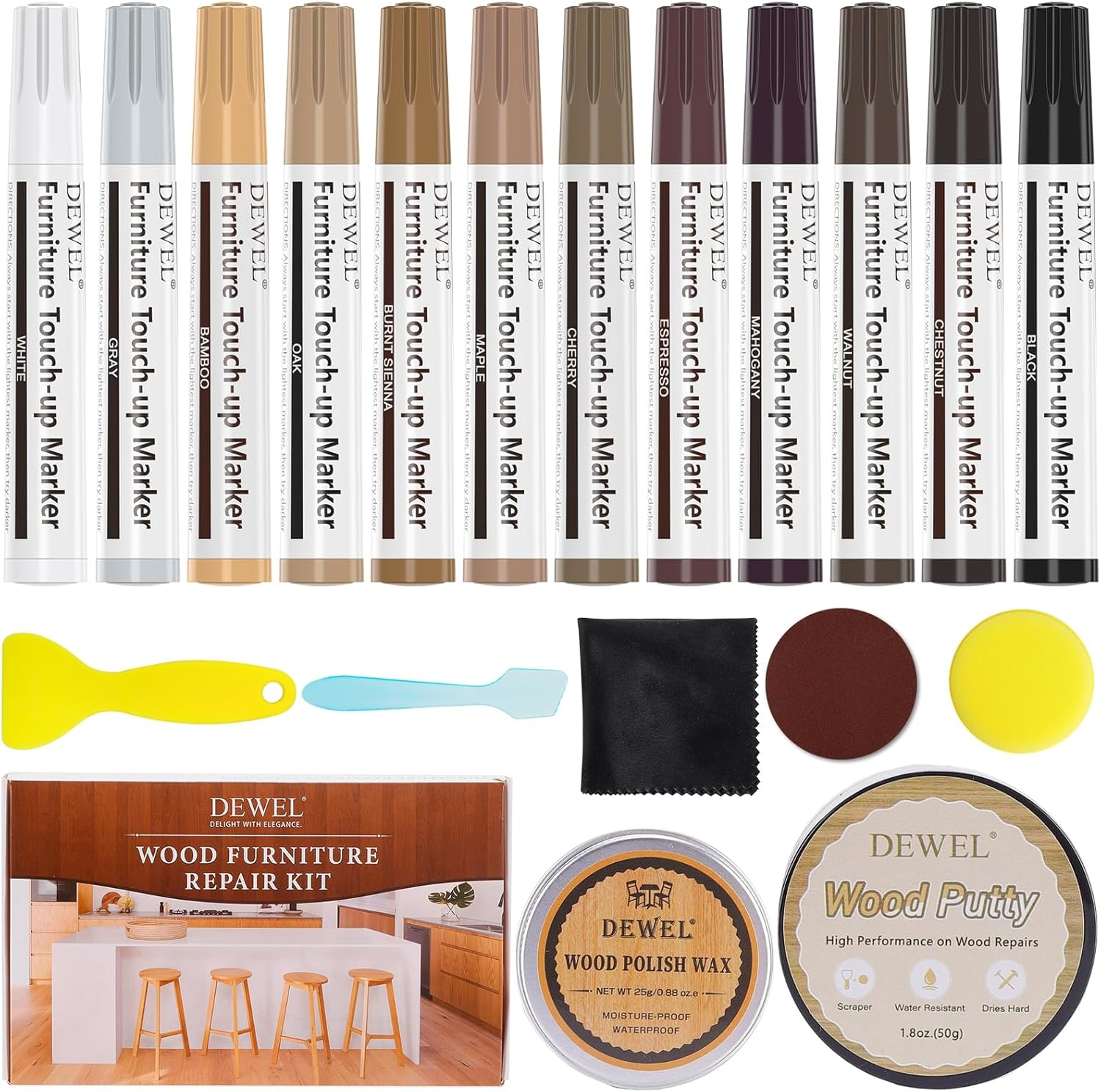 DEWEL Furniture Markers Touch up Kit, 12 Colors Wood Markers Furniture Repair, Wood Polish Wax and Wood Putty Filler, Wood Stain Pen for Scratches, Stains, Wooden Floor, Table, Cabinet, Bedpost image number 6