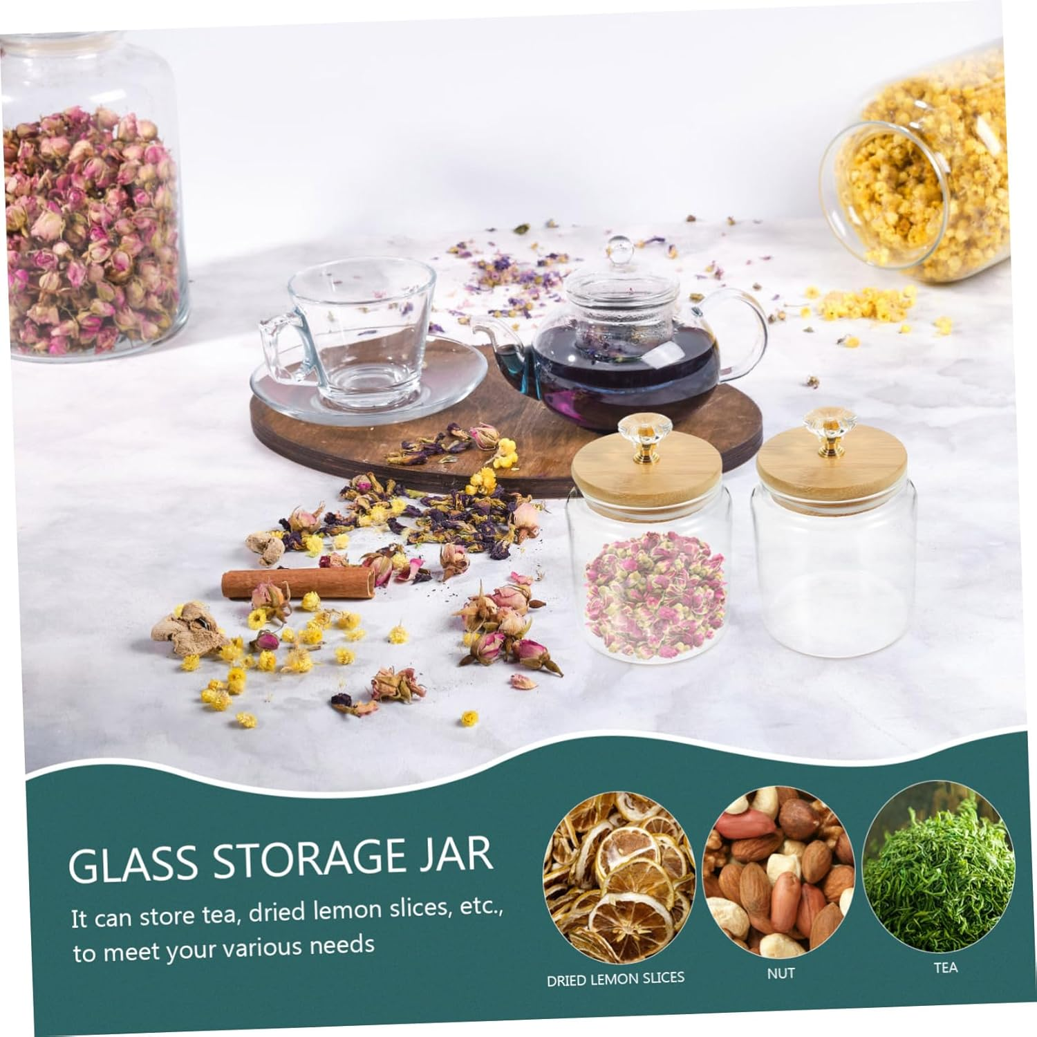 VINTORKY 2Pcs Glass Tea Canisters Loose Tea Canister Multi-Function Container Lid for Kitchen Storage for Dried Fruit and Home Supply image number 5
