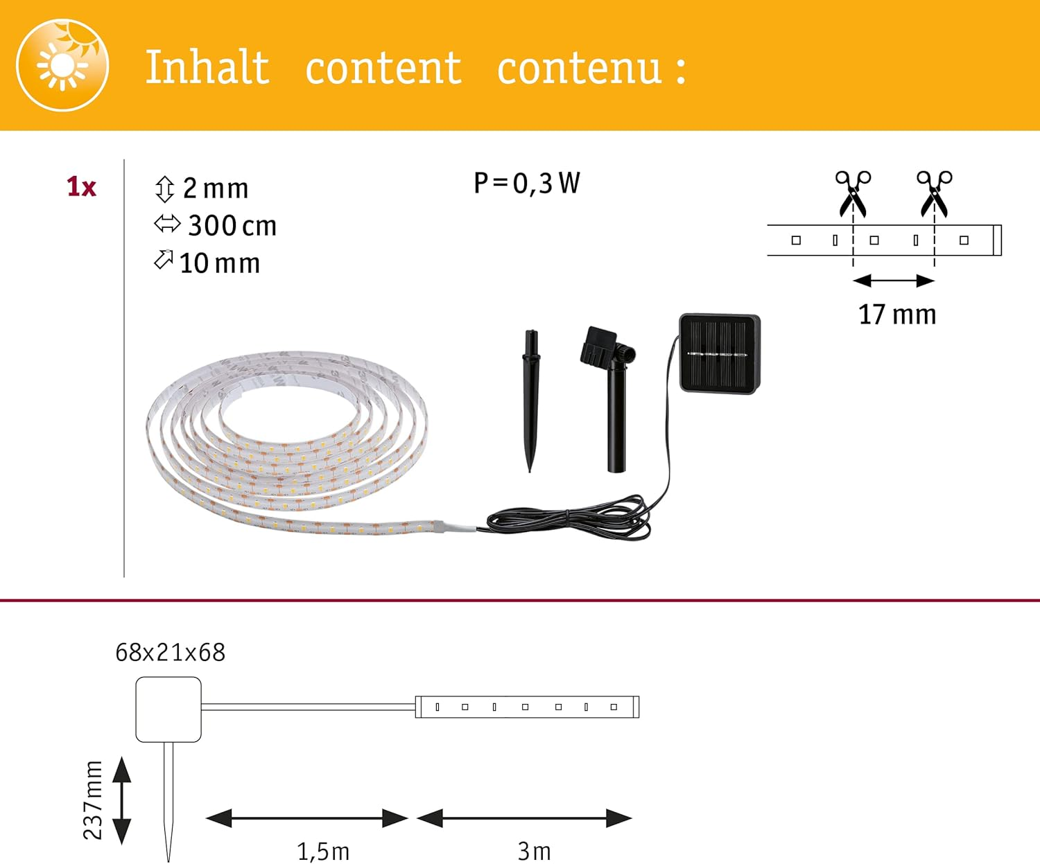Paulmann 78896 LED Strip Solar 3 M with Twilight Sensor and Battery IP44 0.3W 48Lm 60Leds/M 2700K Warm White Black Plastic image number 4