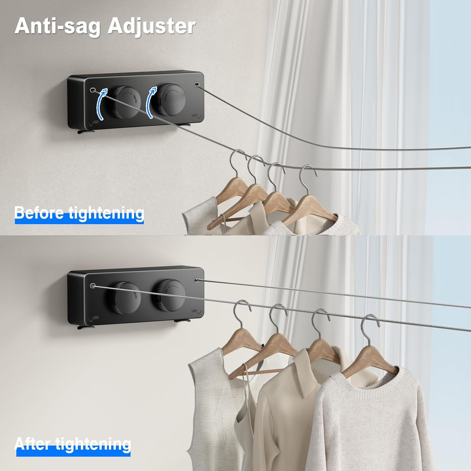 MUSTORN Clothesline Extendable Outdoor, Non-Saggy Double Rope, Retractable Washing Line Balcony Indoor Extendable for Drying Laundry Wall, Two Lines, Stainless Steel Rope, 4.2 M (Black) image number 5