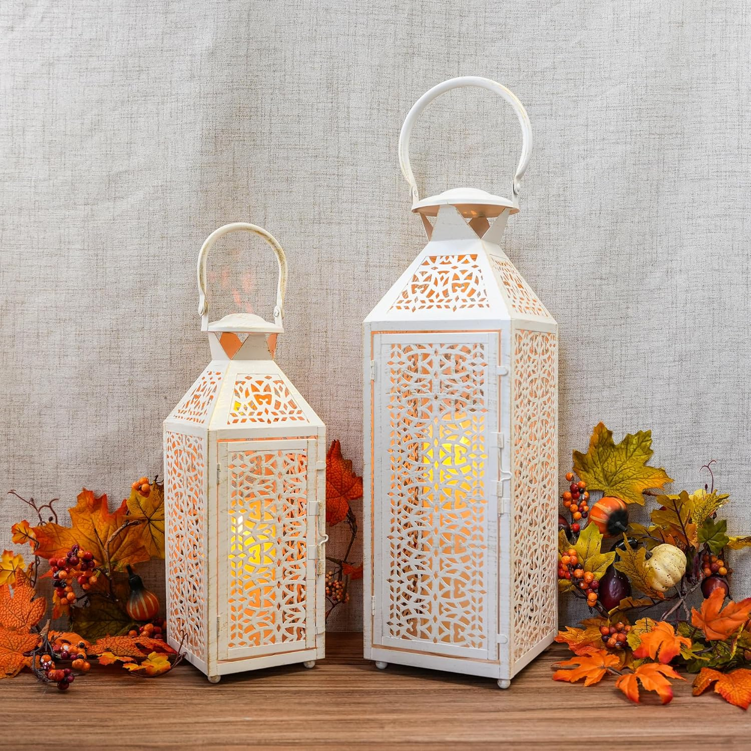 JHY DESIGN Set of 2 Vintage Candle Lanterns 19"&14''H Moroccan Decorative Metal Candle Holders with Hollow Pattern for Garden Porch Shelf Indoor Outdoor Parties Weddings Patio(White Brushed Gold) image number 4
