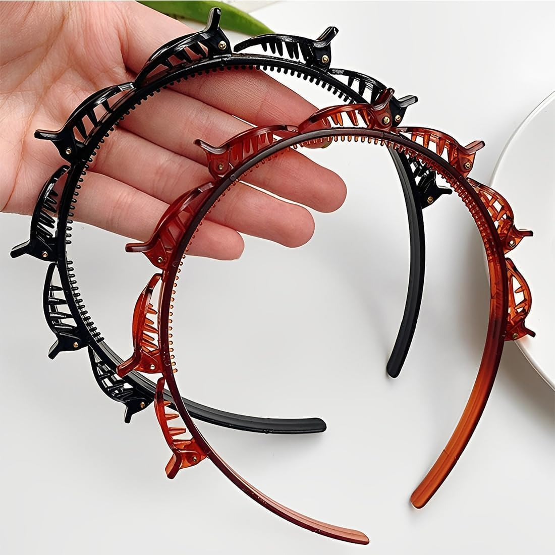 2Pcs Bangs Hairstyle Twist Hairpin Headbands,Bangs Hairstyle Hairpin Twist and Clip Headband,Double Twist Headband Bangs Headband,Double Layer Bangs Hairstyle Headband with Clip Braided Hairband image number 4