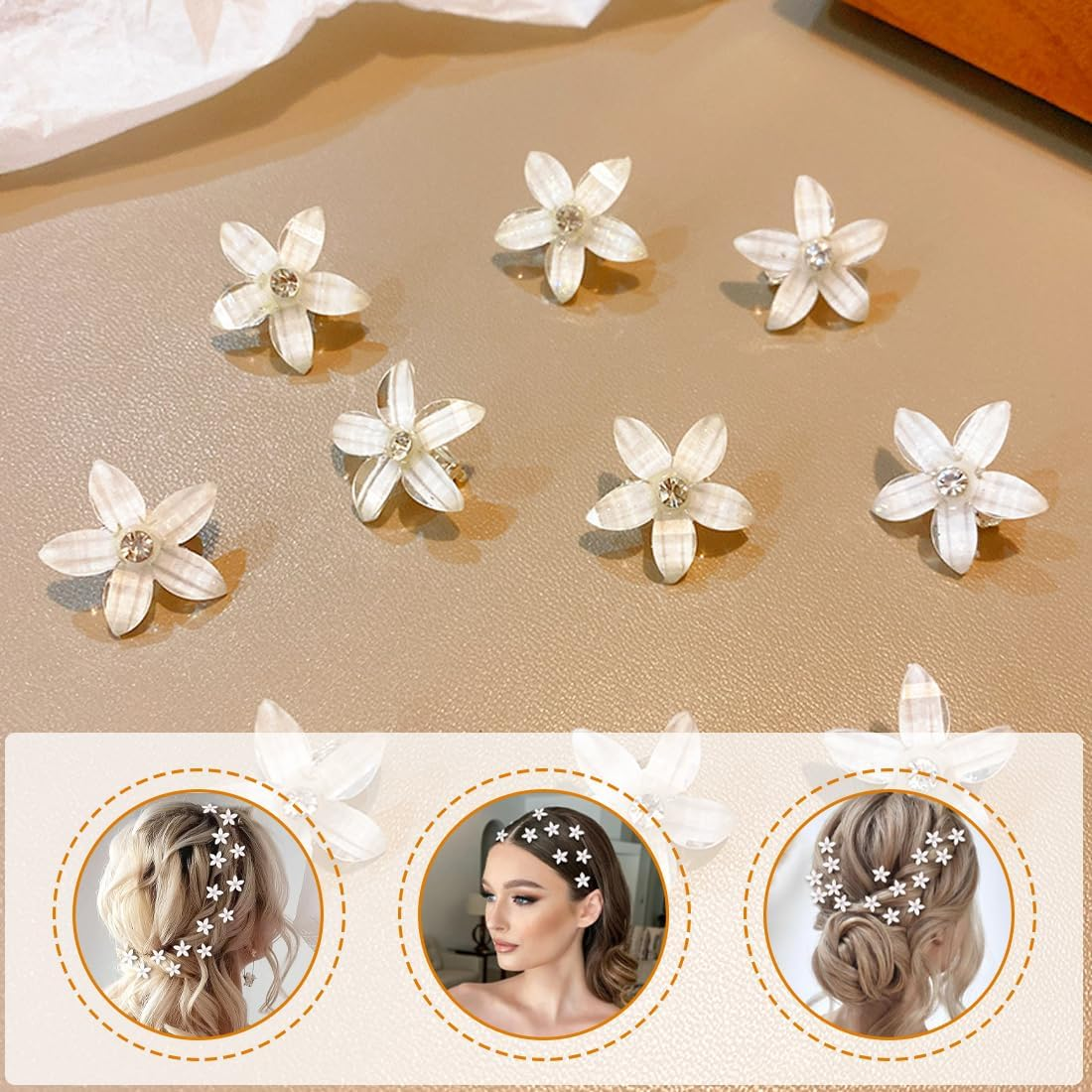 Zeayebsr Pack of 10 White Small Flower Hair Accessories, Hair Clip Flower, Hair Clips, Mini Cute Rhinestone Metal Hair Pins for Women, Bridal Hair Clips for Girls, Wedding, Hair Accessories, image number 1