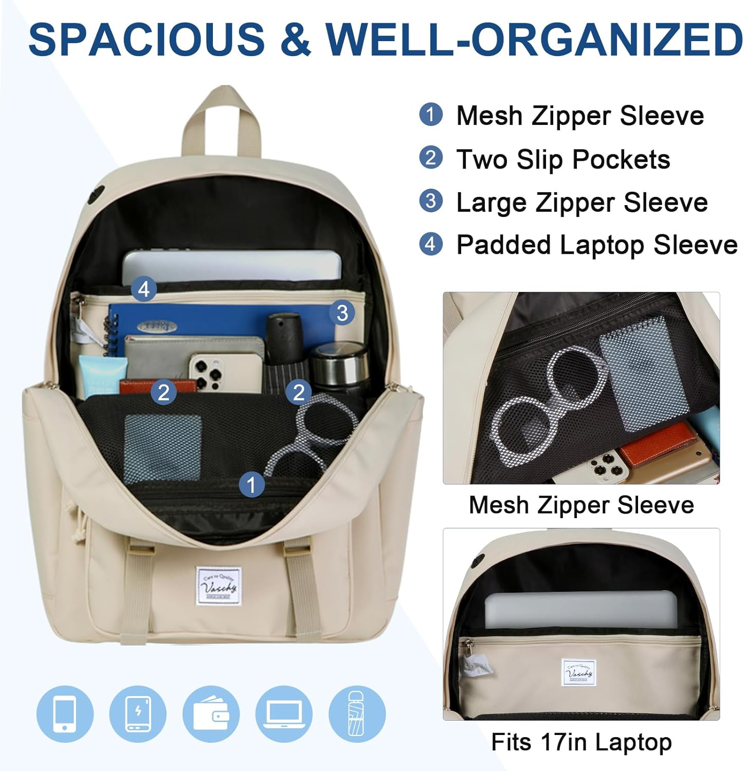 Backpack for Men Women,Vaschy Unisex Large Fashion Schoolbag Book Bag Rucksack for High School/College/Work/Travel/Commuter 15.6-17Inch Laptop Backpack Travel Backpack image number 4