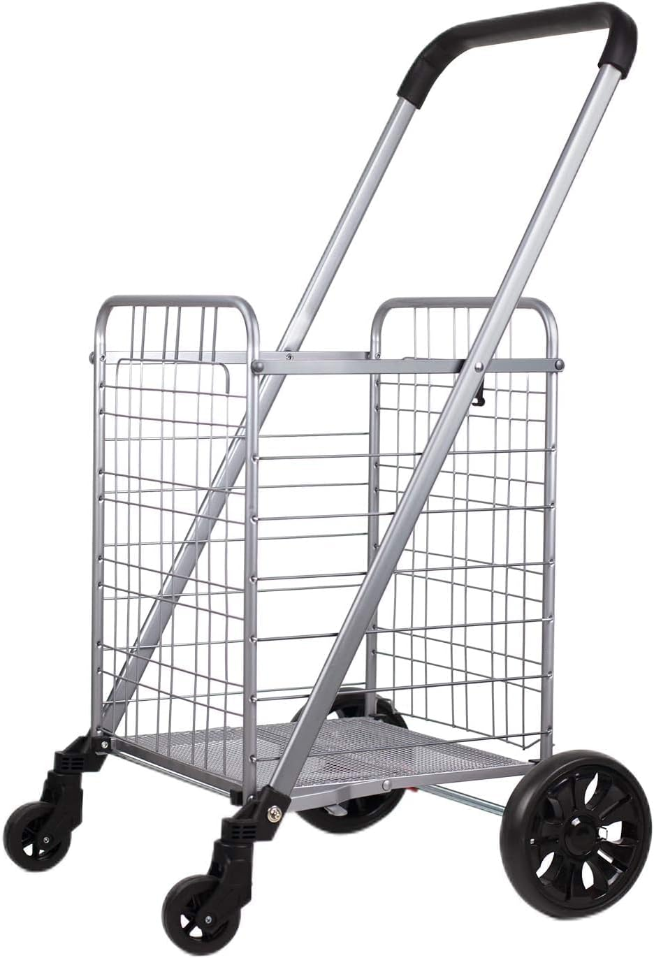 Shopping Cart on Wheels, Folding Utility Shopping Trolley with Wide Cushion Handle, Mesh Bottom,And Brake System (Sliver Colour Medium Size)