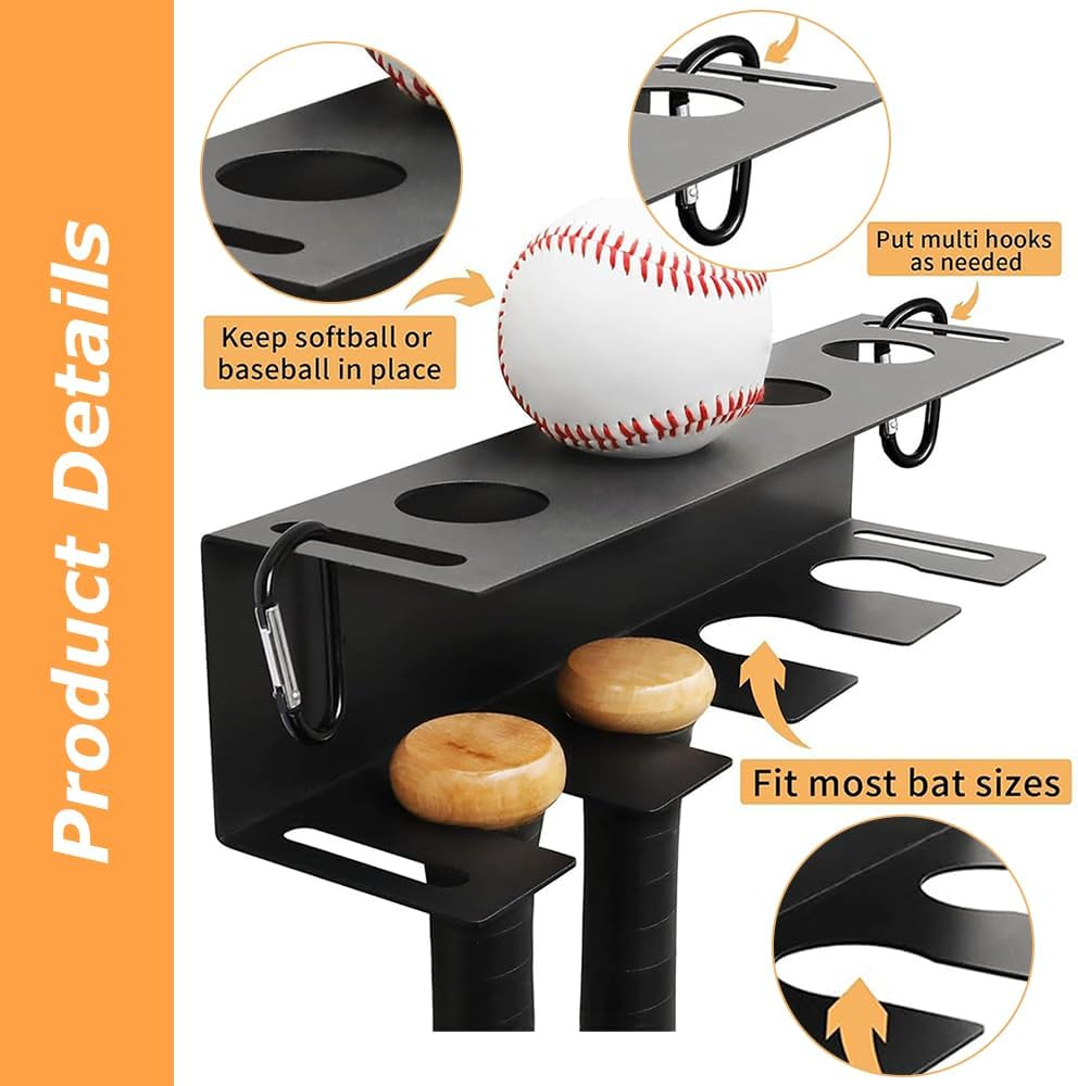 4 Bat Baseball Bat Holder, Baseball Bat Wall Mount, Heavy-Duty Bat Storage Rack, Sports Memorabilia and Collectibles Display Shelves (Black, 34 * 8 * 8 CM)