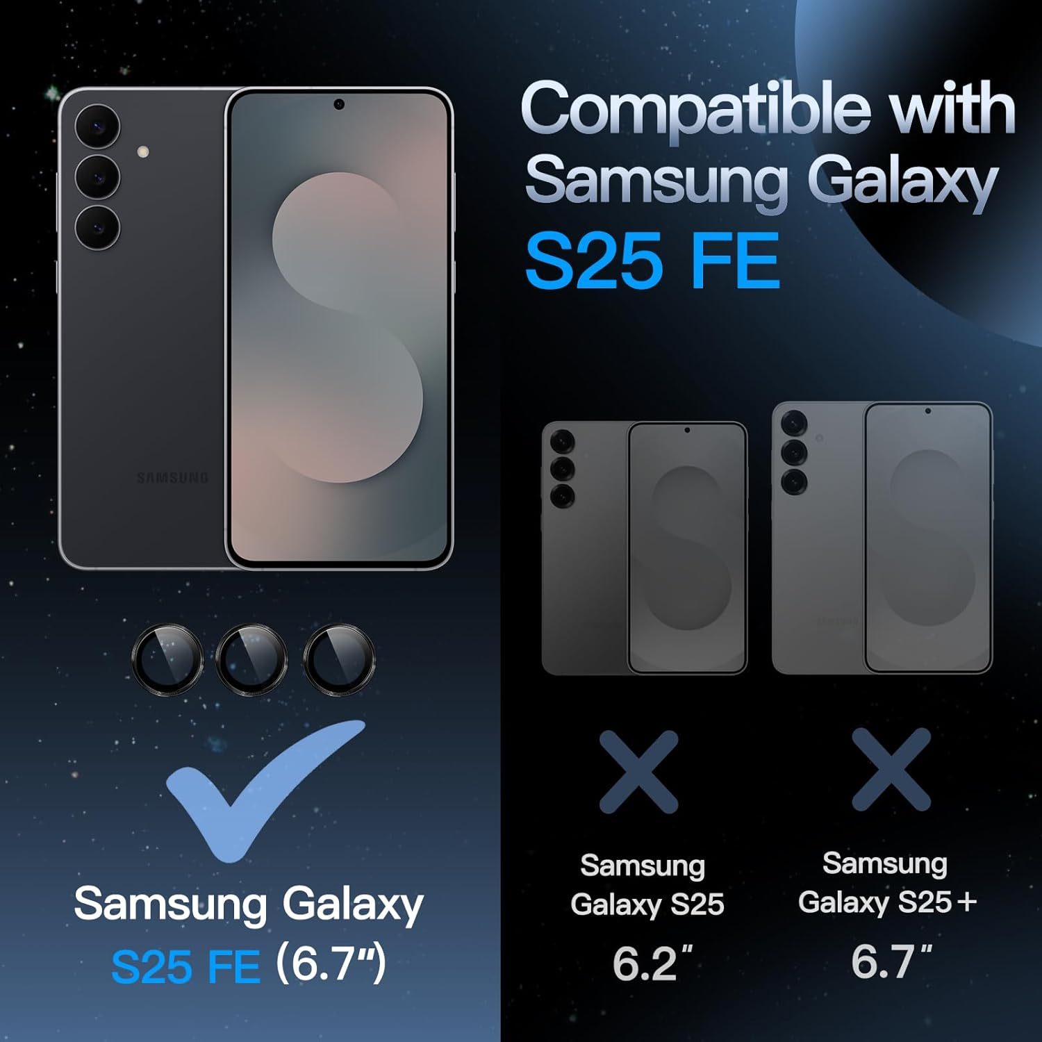 Jetech Camera Lens Protector for Samsung Galaxy S25 FE, 9H Tempered Glass Metal Individual Ring Cover, HD Clear, 1 Set (Black) image number 3