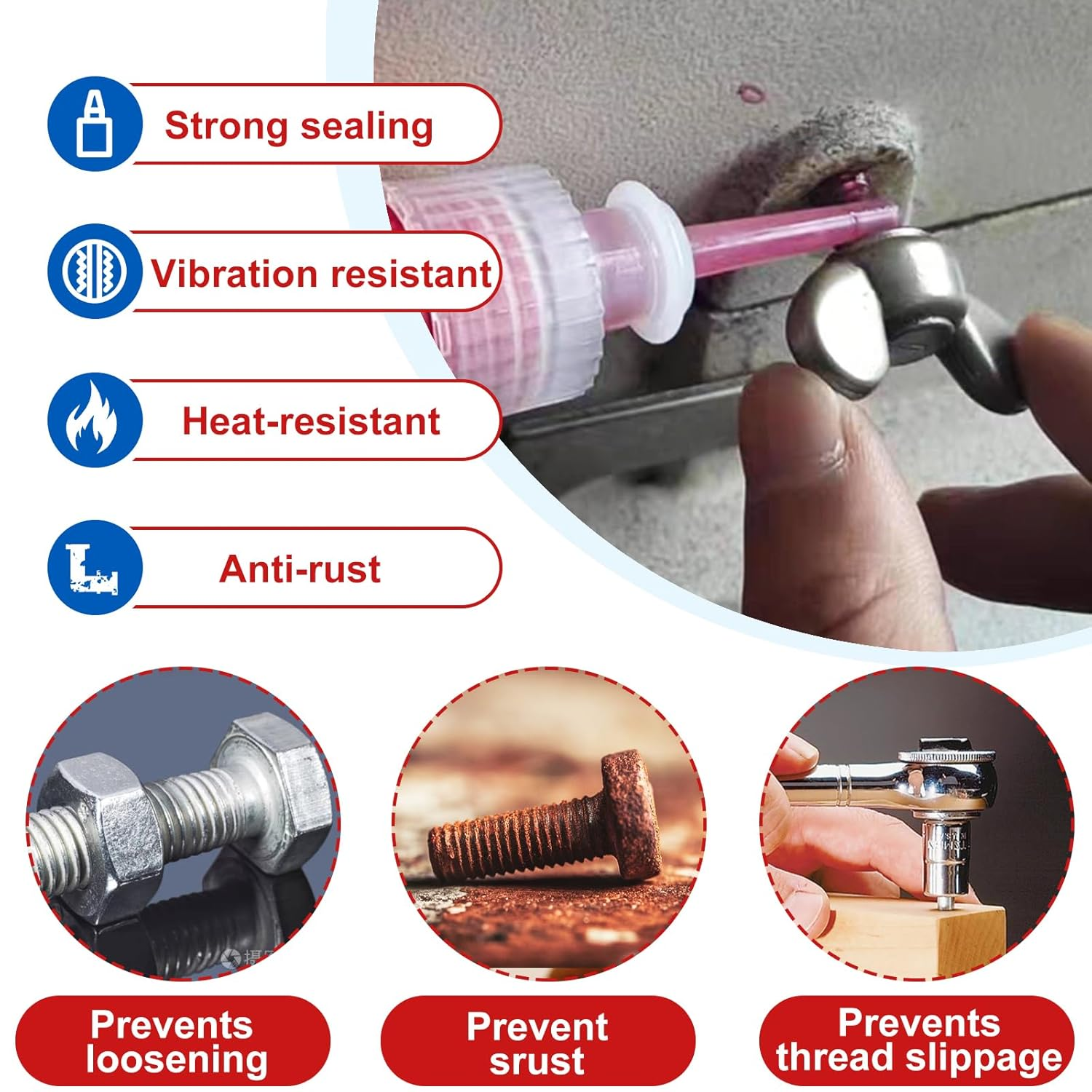 Thread Lock High Strength+Medium Strength, 100Ml Locktight Threadlock Prevent Nuts, Bolts, Fasteners and Screws from Loosening Due to Prolonged Vibration, Thus Locking and Sealing Metal Nuts and Bolts image number 5