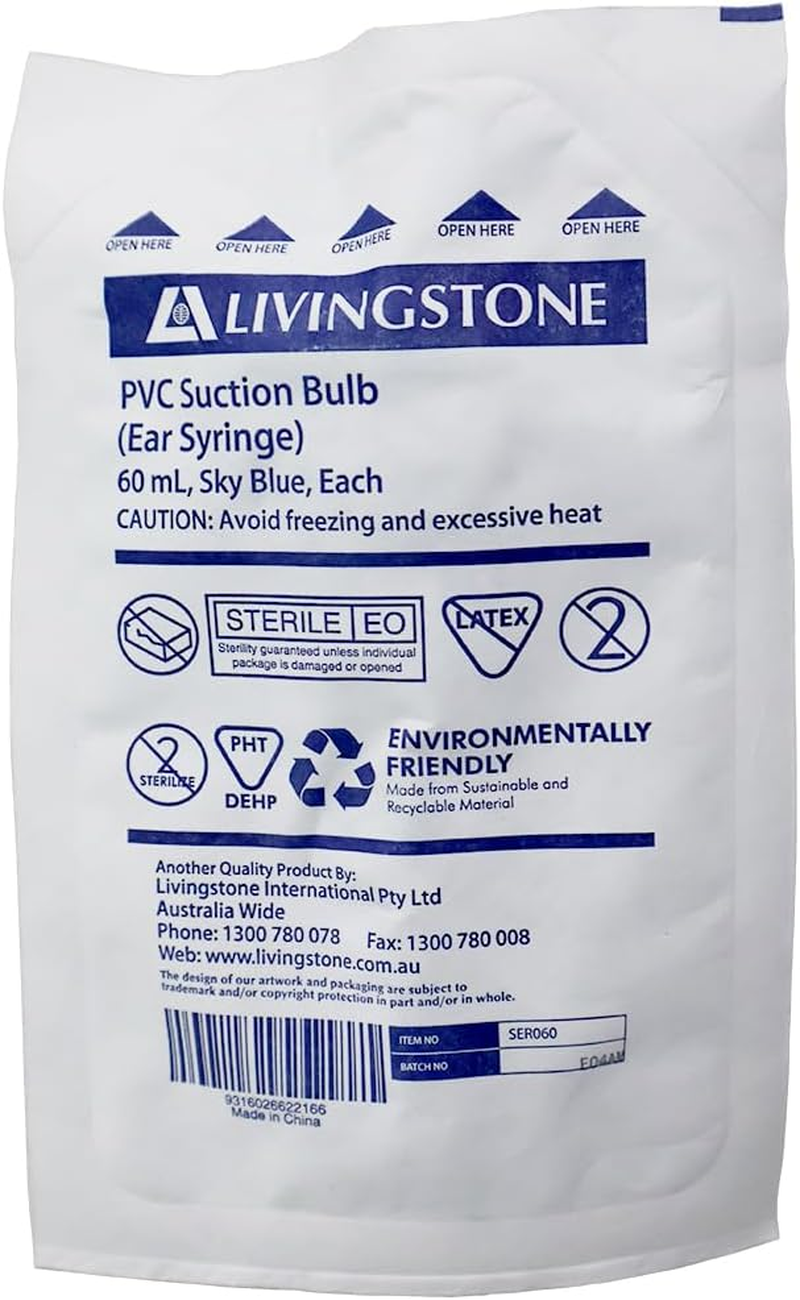 Livingstone Ear Syringe Suction Bulb and Nasal Aspirator 60Ml PVC Latex Free Sky Blue Sterile Single Pouch image number 1